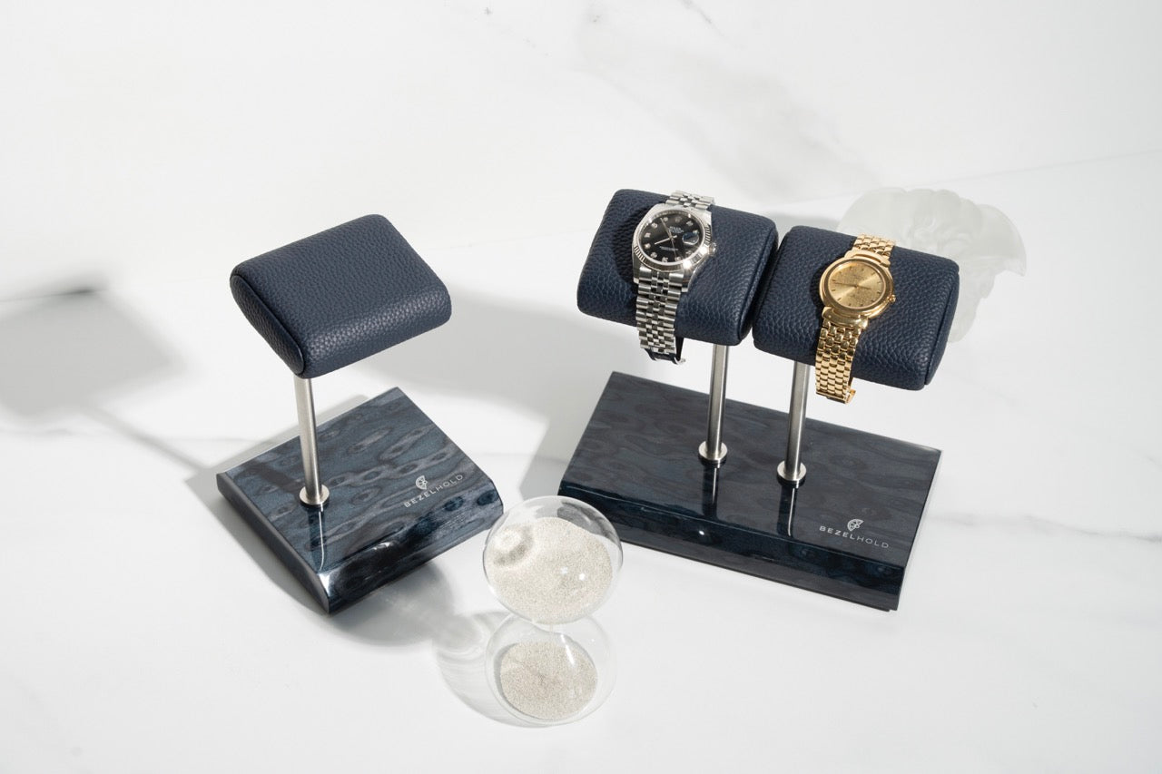 blue leather watch stand