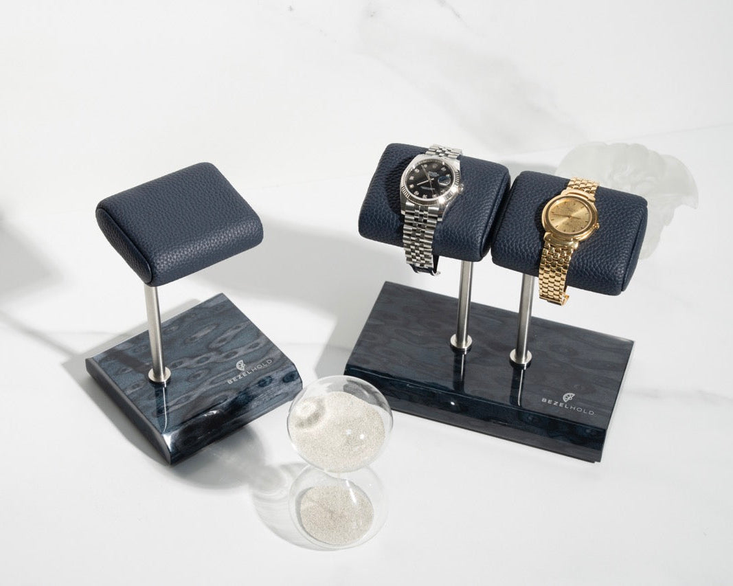 blue leather watch stand