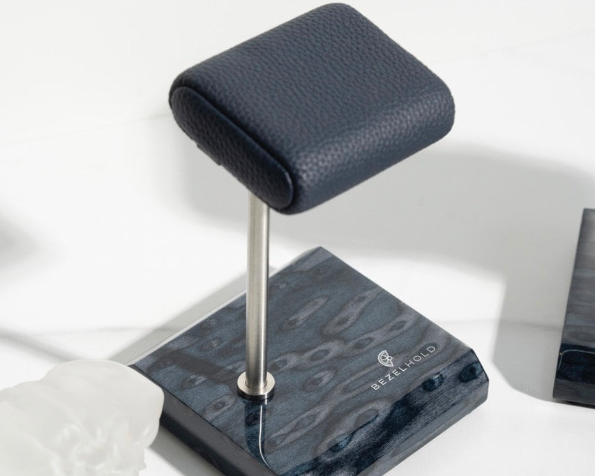 blue leather watch stand