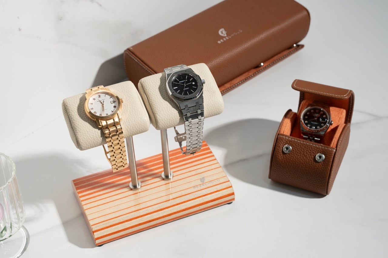 white leather and orange watch stand