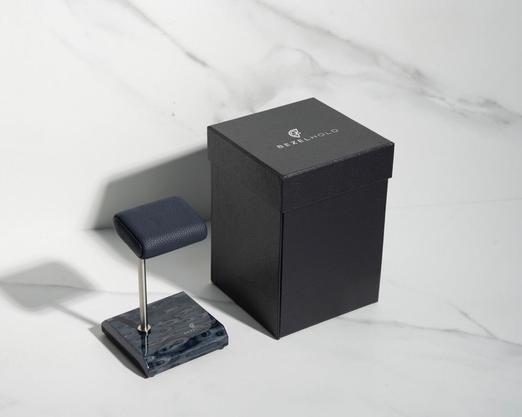 blue leather watch stand with gift box