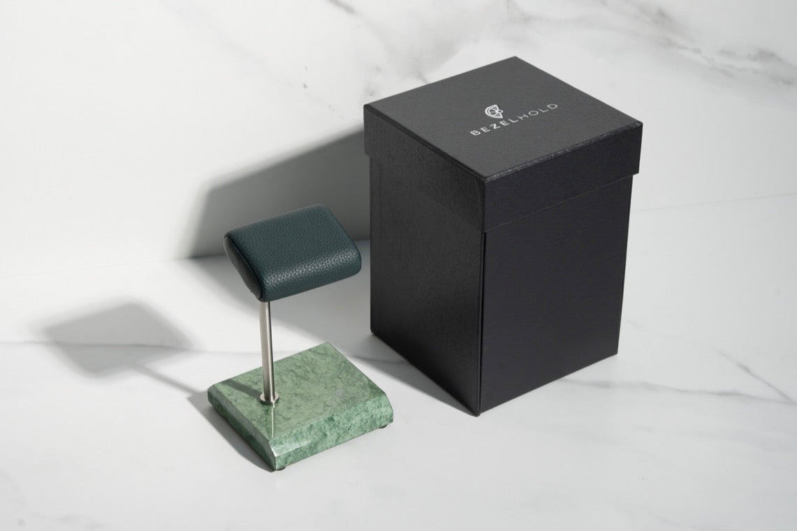 green leather watch stand with gift box