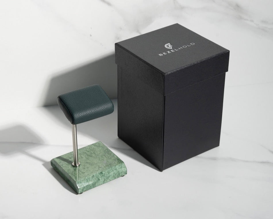 green leather watch stand with gift box