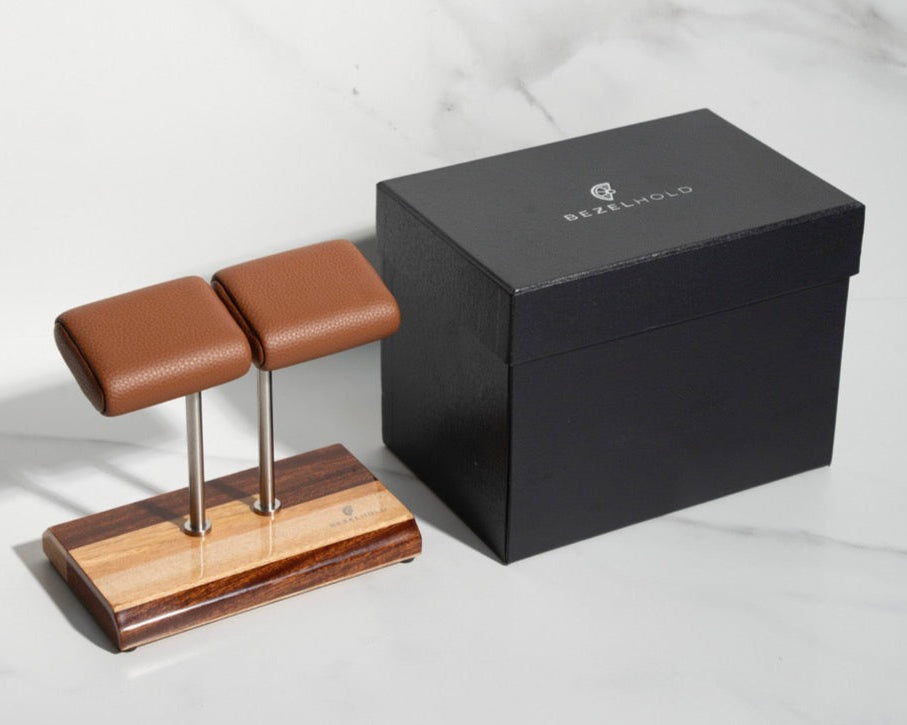 brown leather watch stand with gift box
