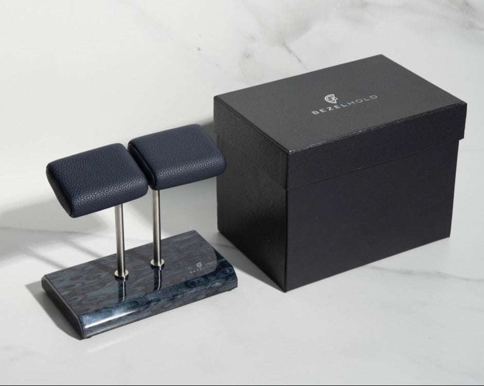blue leather watch stand with gift box