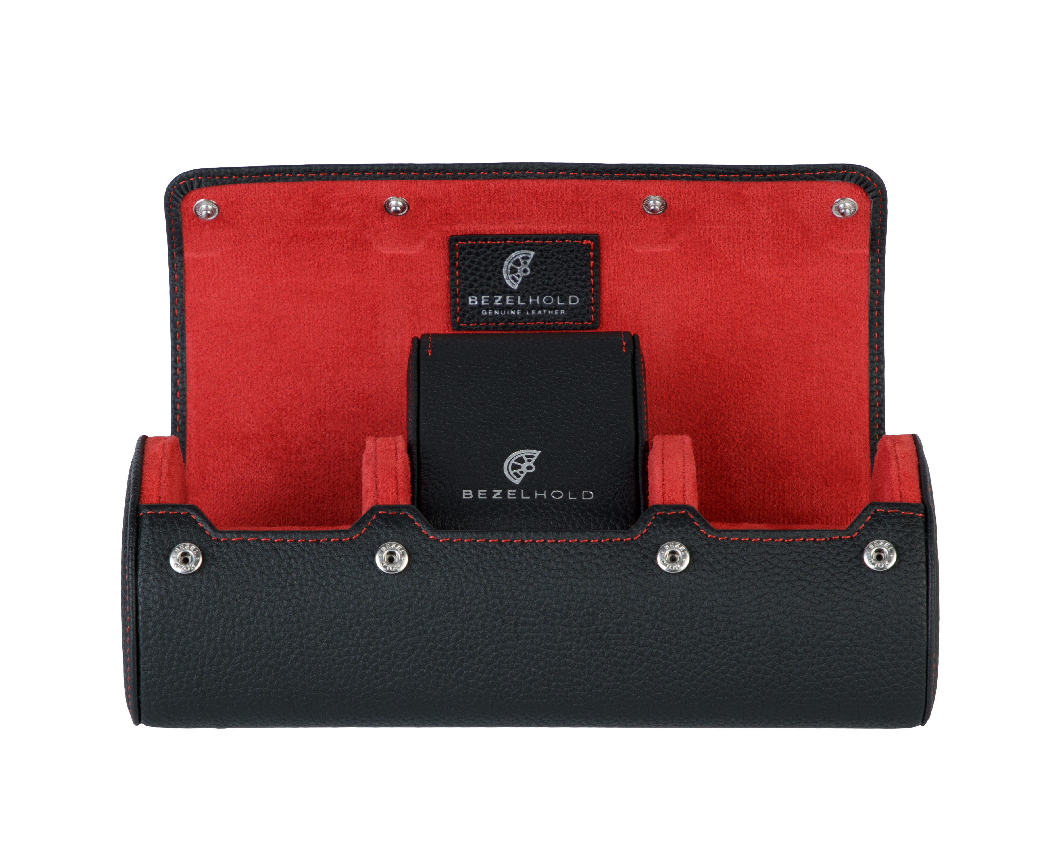 A luxury black and red leather watch case for travel and storage.