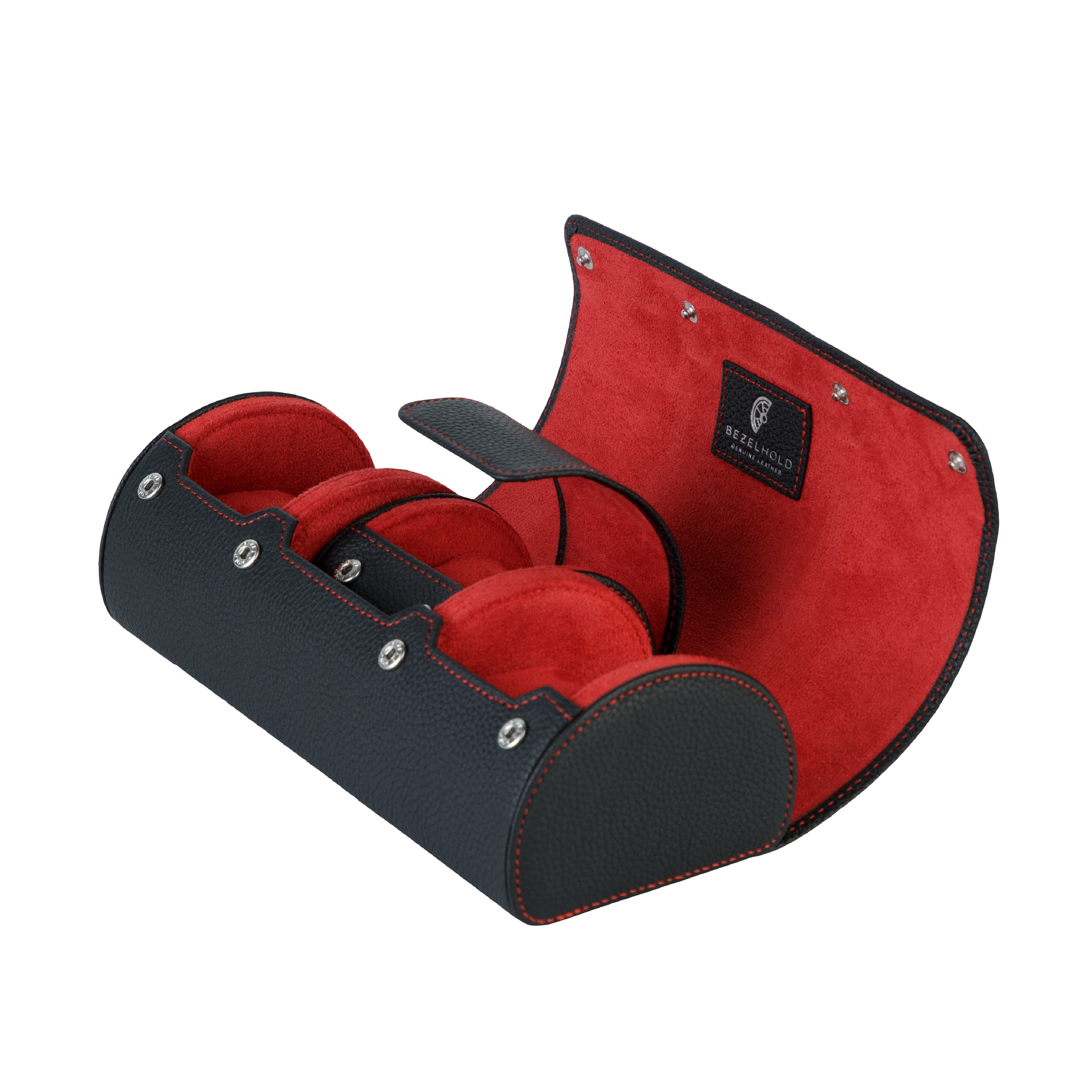 A luxury black and red leather watch case for travel and storage.