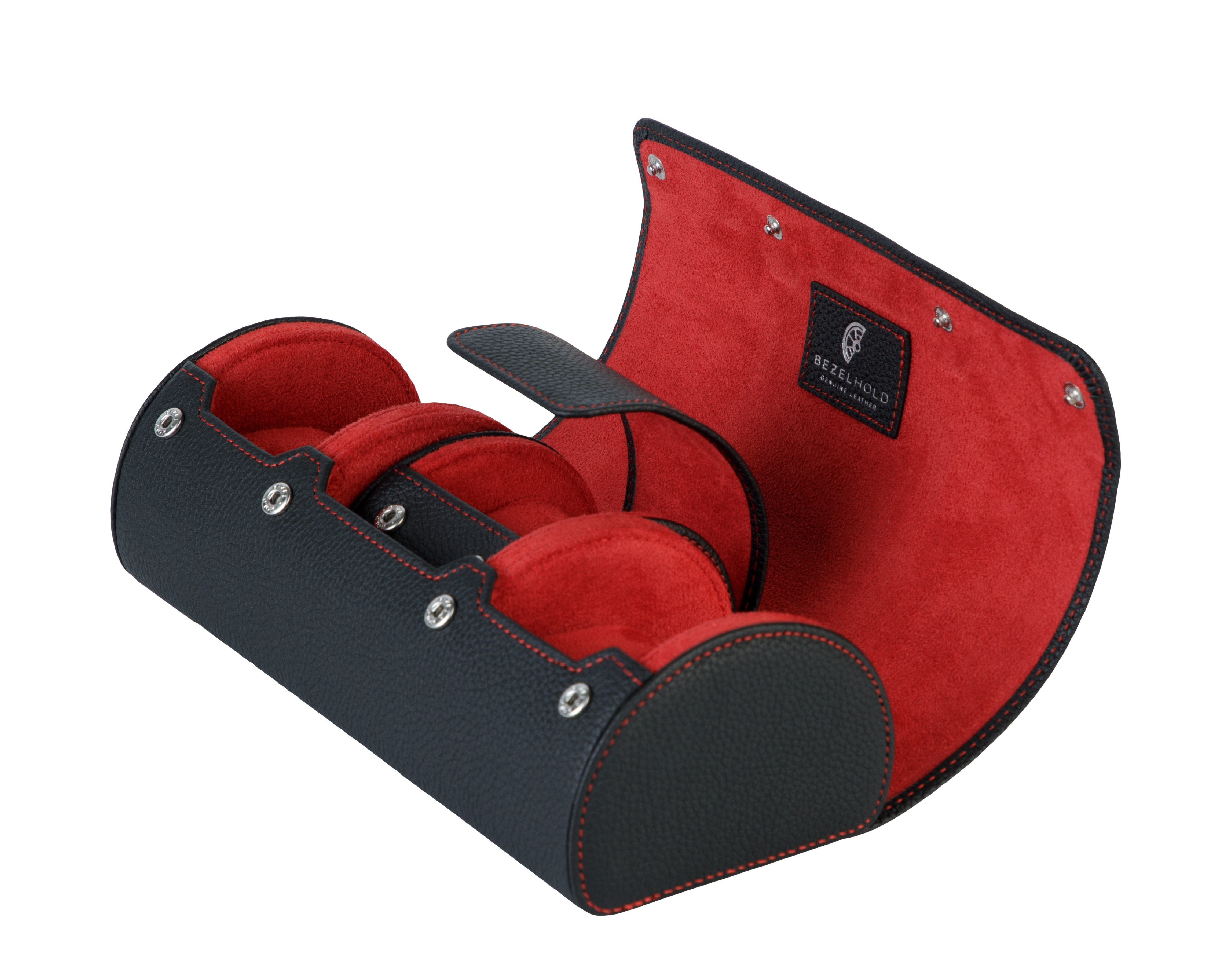 A luxury black and red leather watch case for travel and storage.