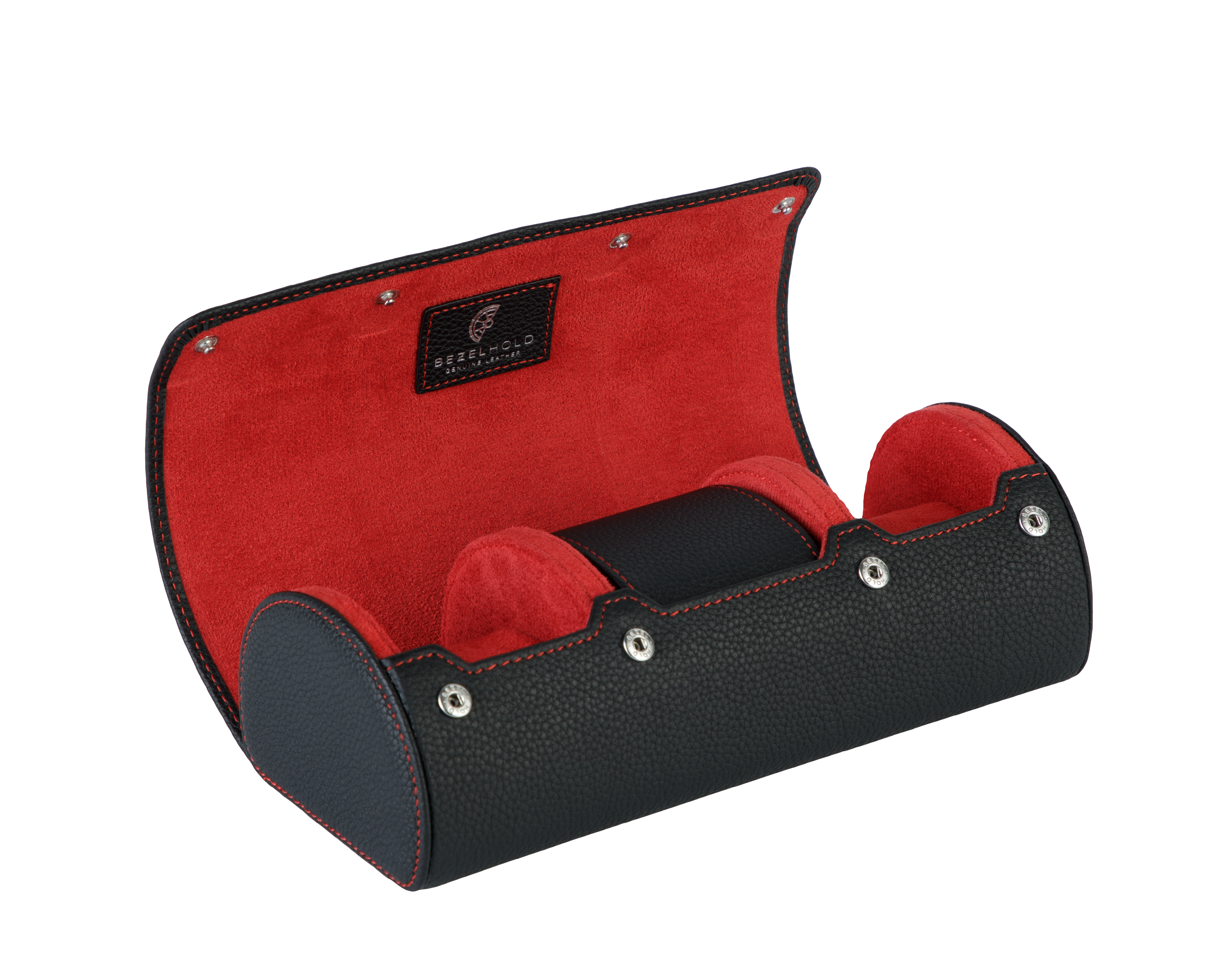 A luxury black and red leather watch case for travel and storage.