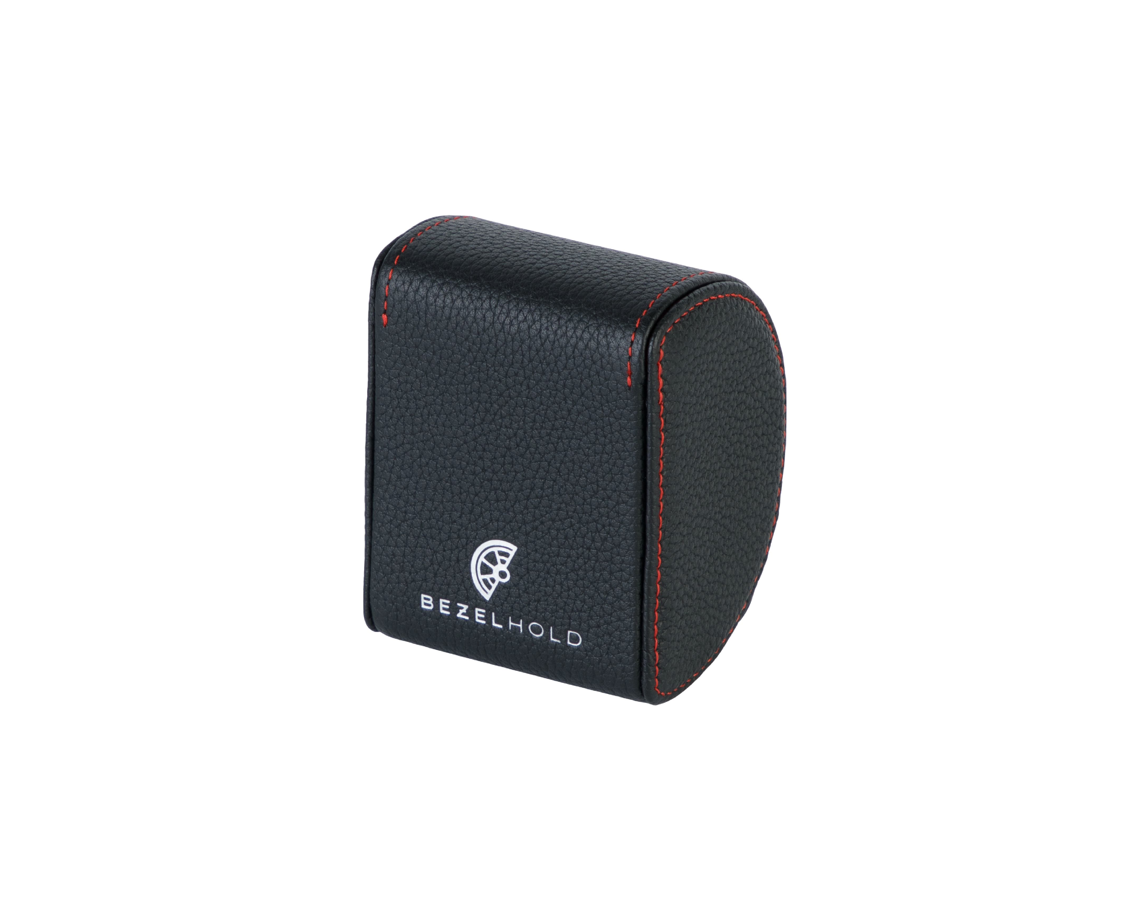 A luxury black and red leather watch case for travel and storage.