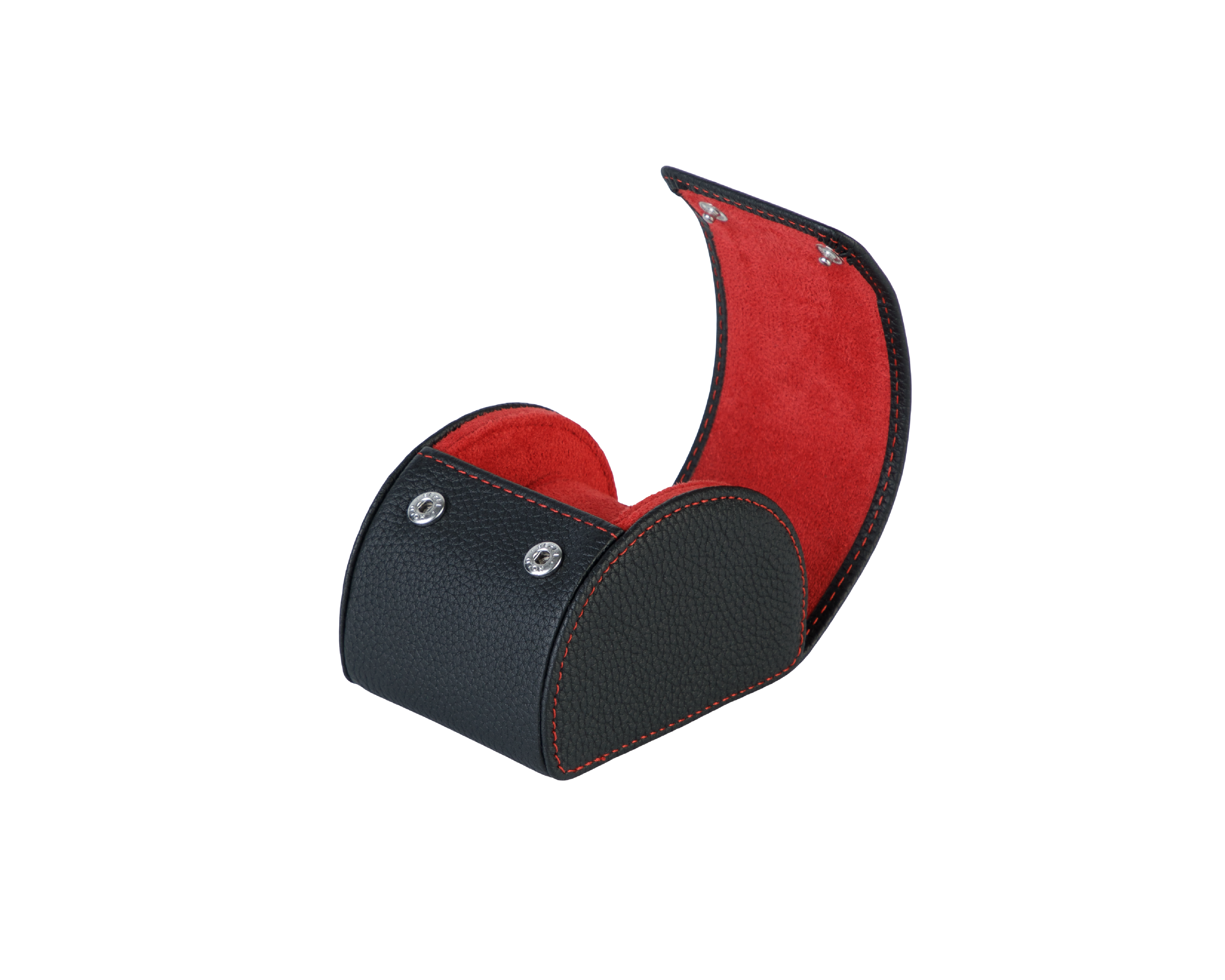 A luxury black and red leather watch case for travel and storage.