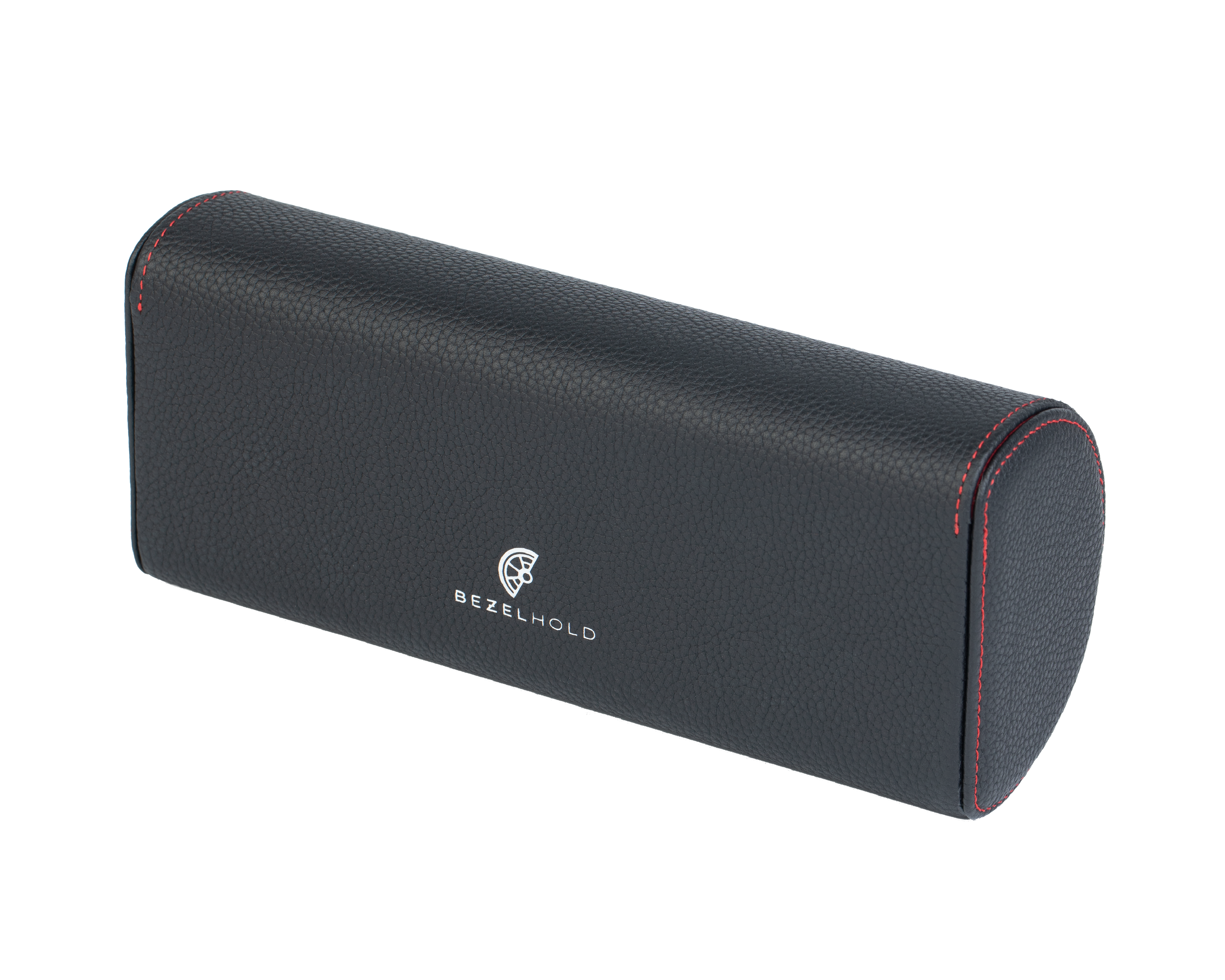 A luxury black and red leather watch case for travel and storage.