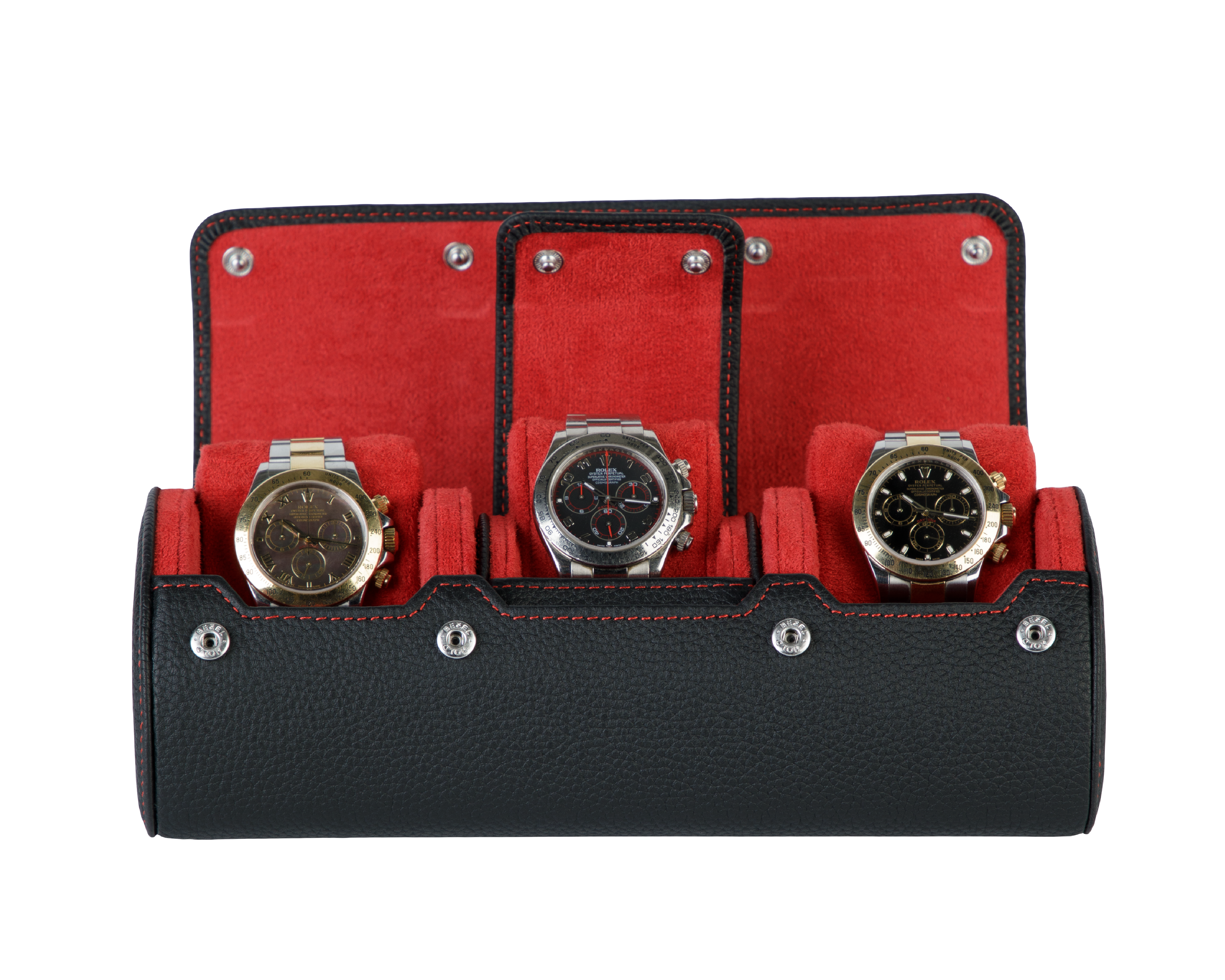 A luxury black and red leather watch case for travel and storage.