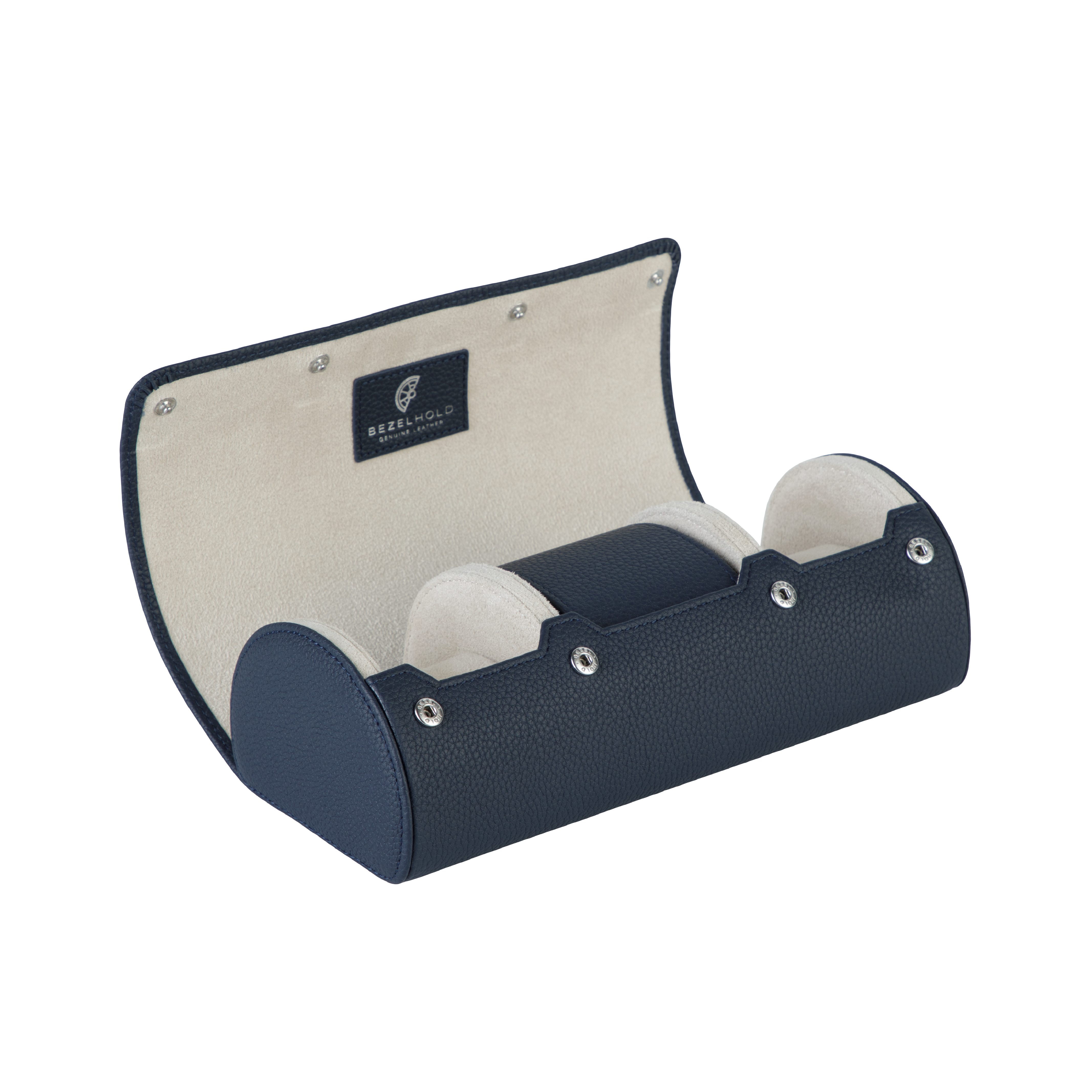 A luxury blue and white leather watch case for three watches. Designed for travel and storage.