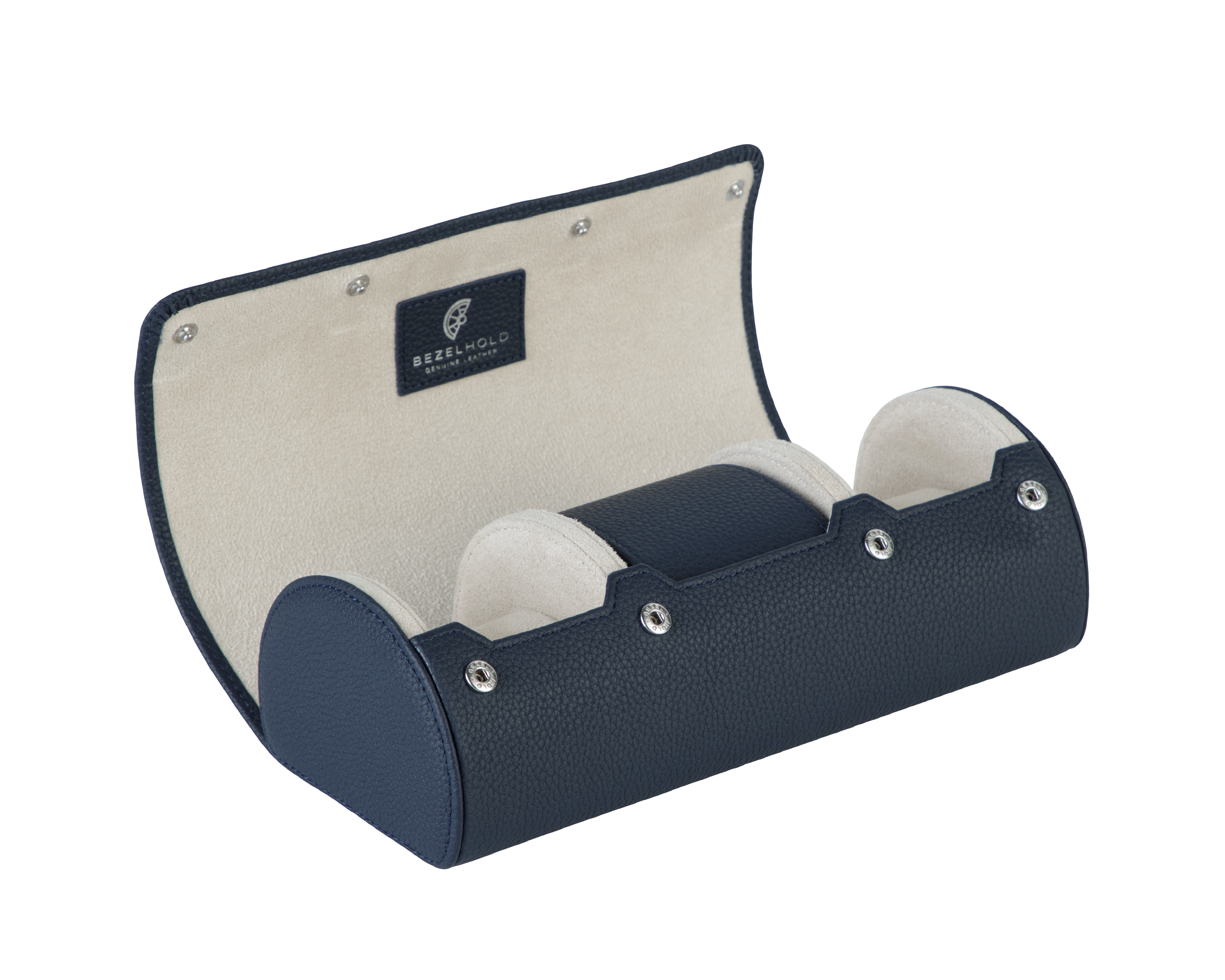 A luxury blue and white leather watch case for three watches. Designed for travel and storage.