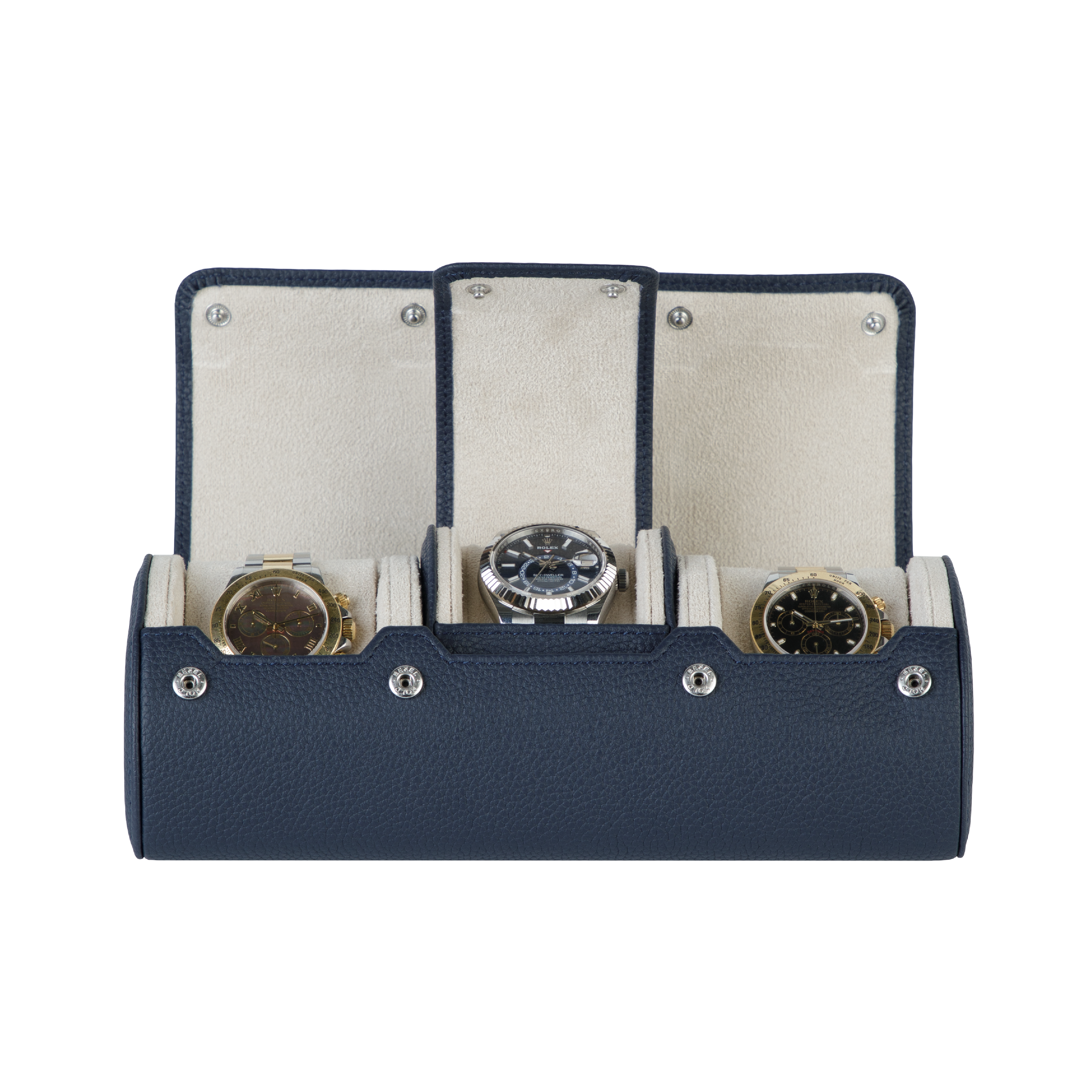 A luxury blue and white leather watch case for three watches. Designed for travel and storage.