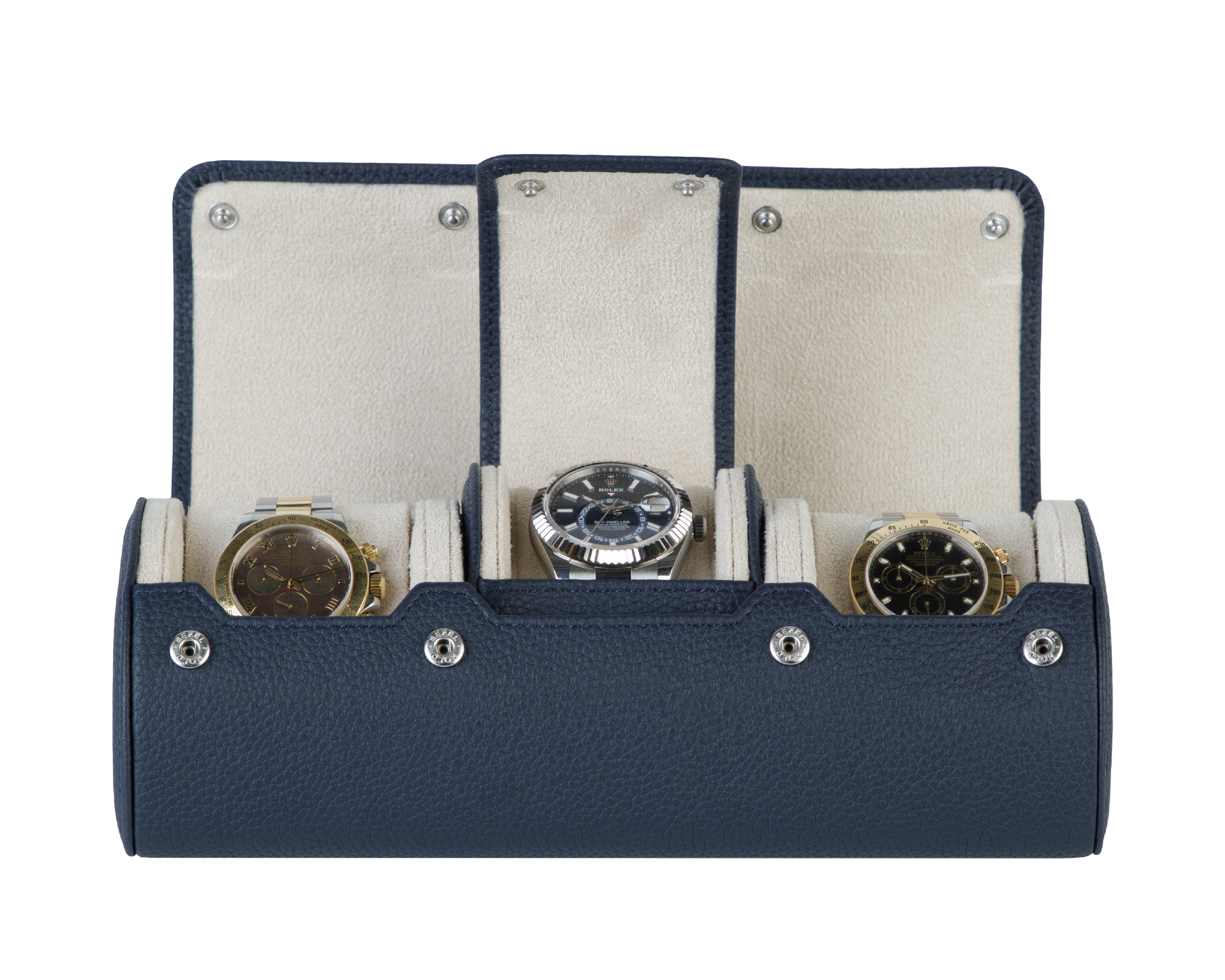 A luxury blue and white leather watch case for three watches. Designed for travel and storage.