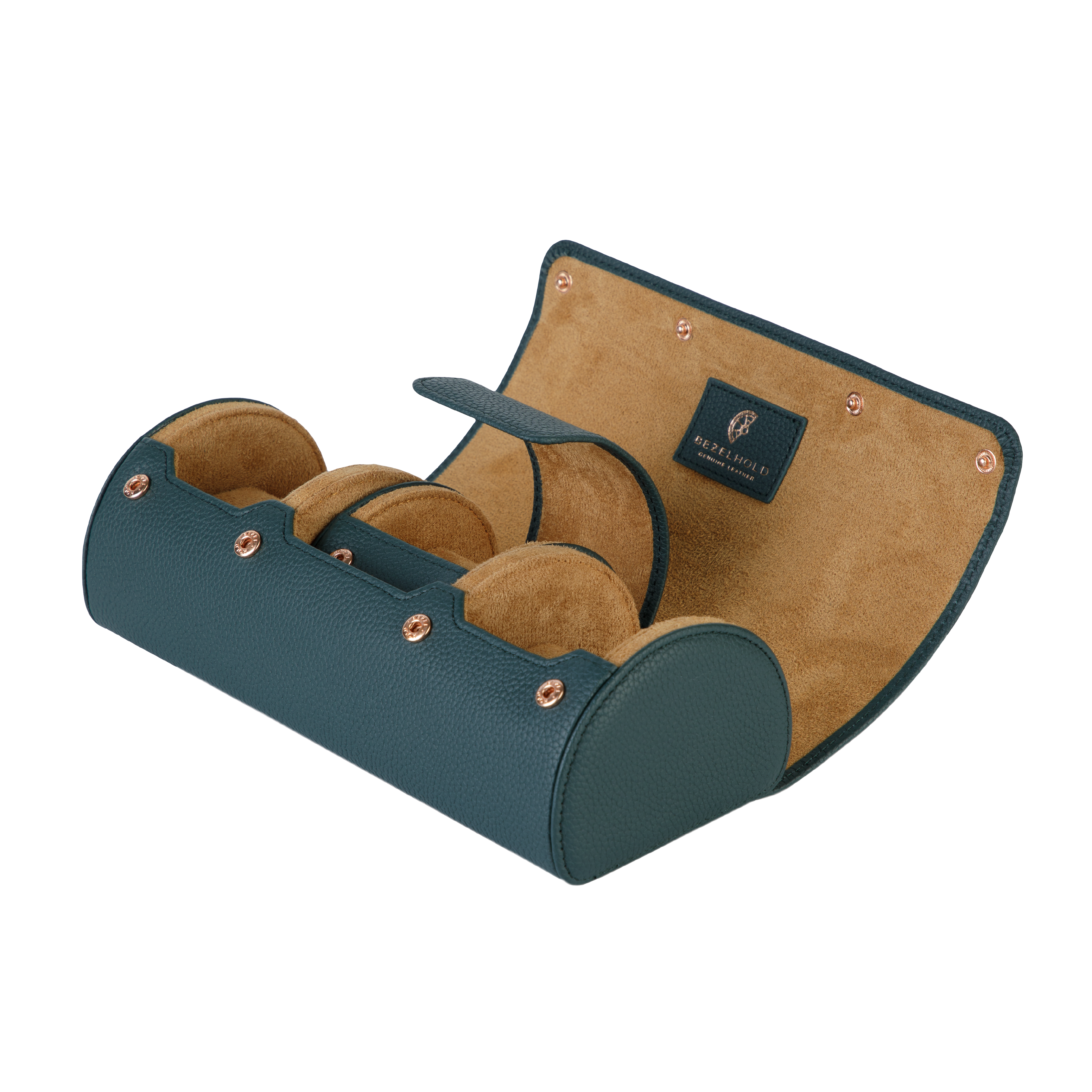 A luxury green and brown leather watch case for travel and storage.