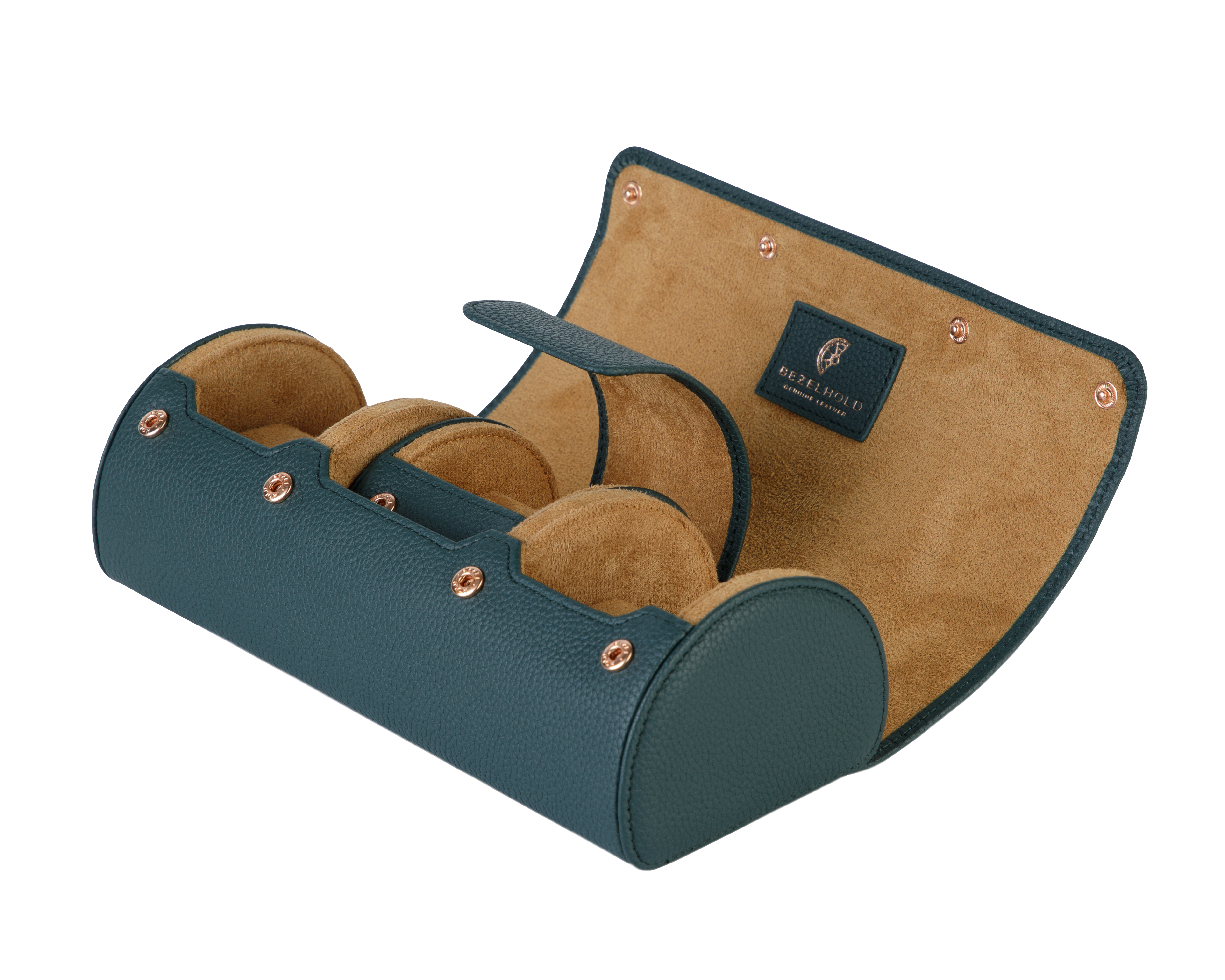 A luxury green and brown leather watch case for travel and storage.