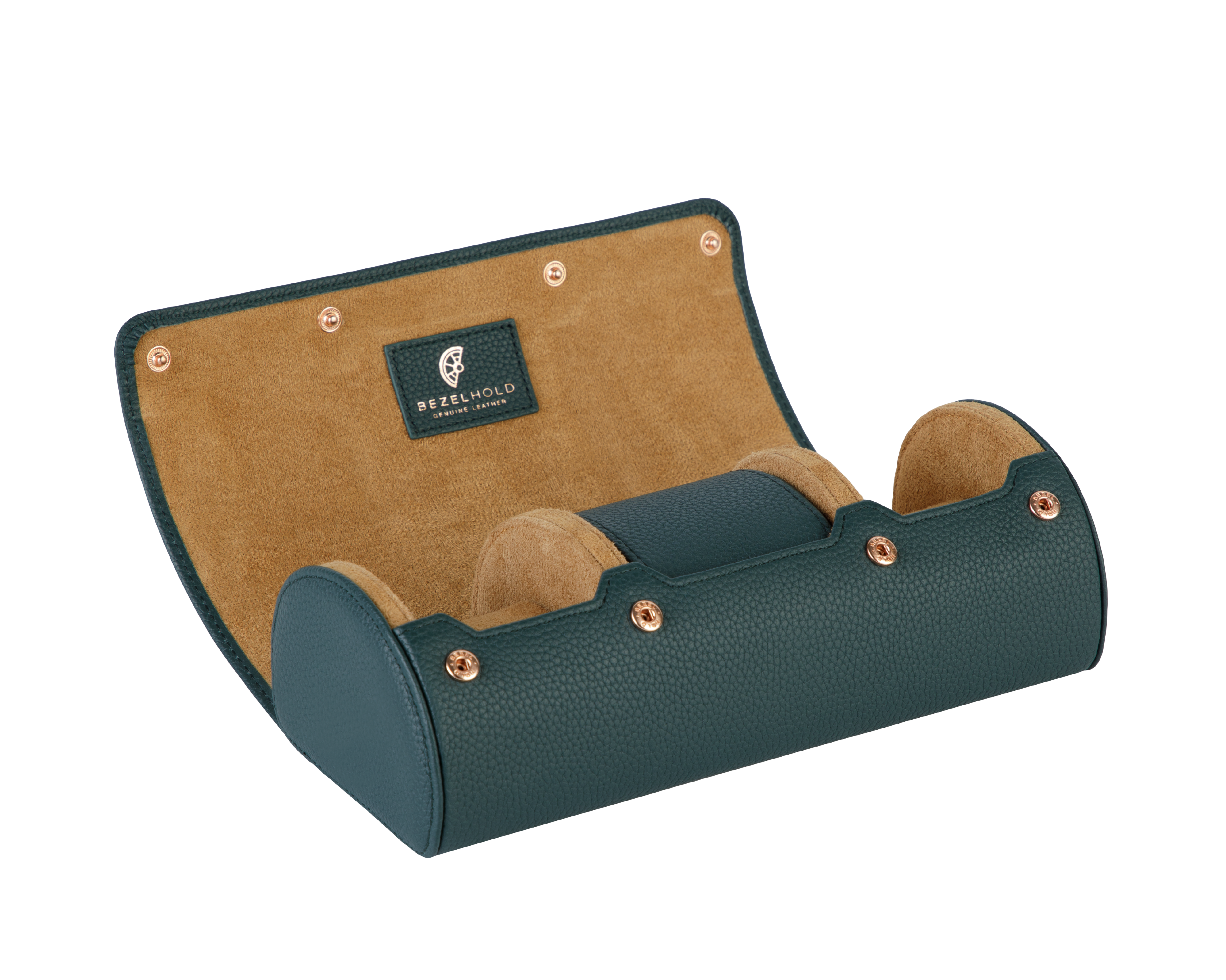 A luxury green and brown leather watch case for travel and storage.