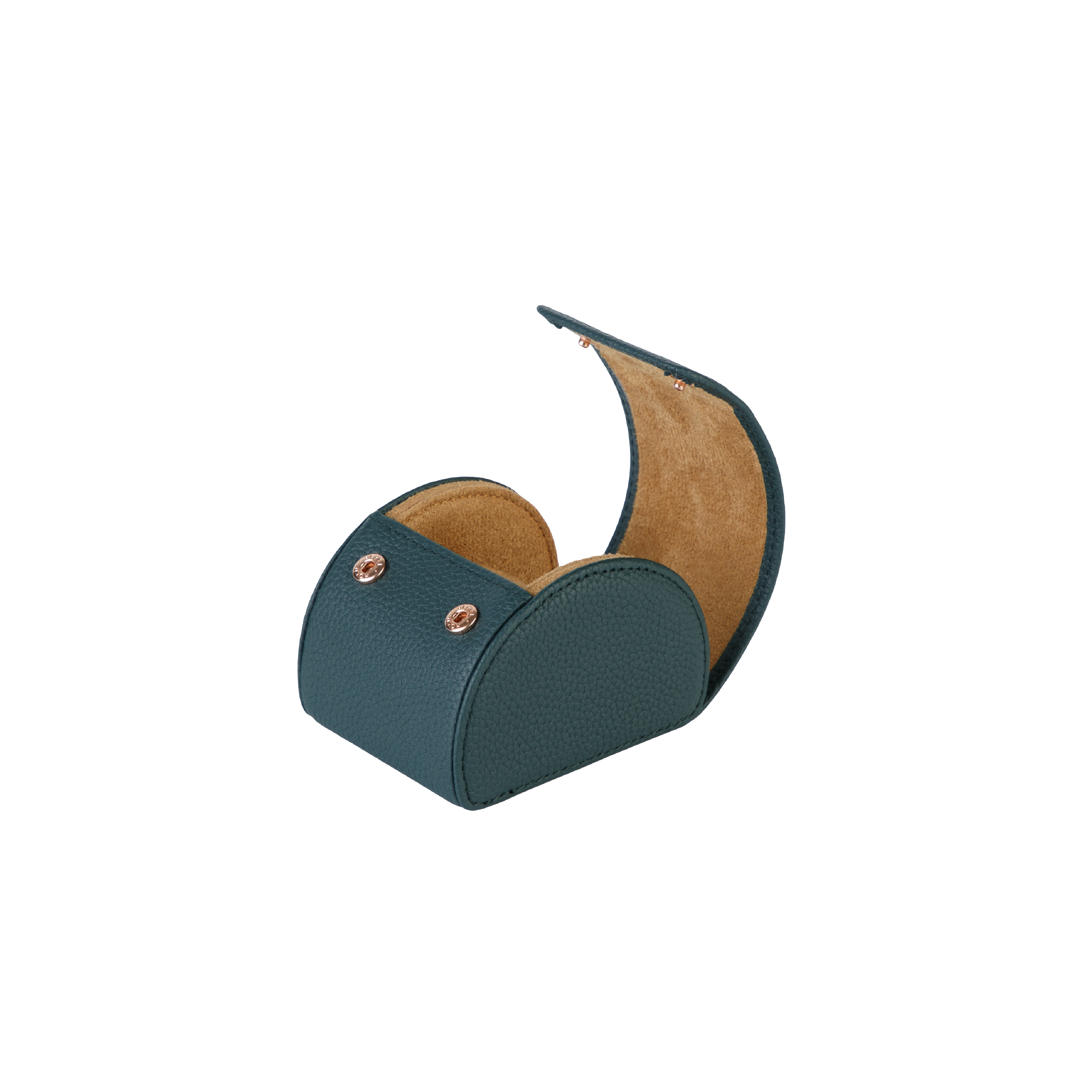 A luxury green and brown leather watch case for travel and storage.