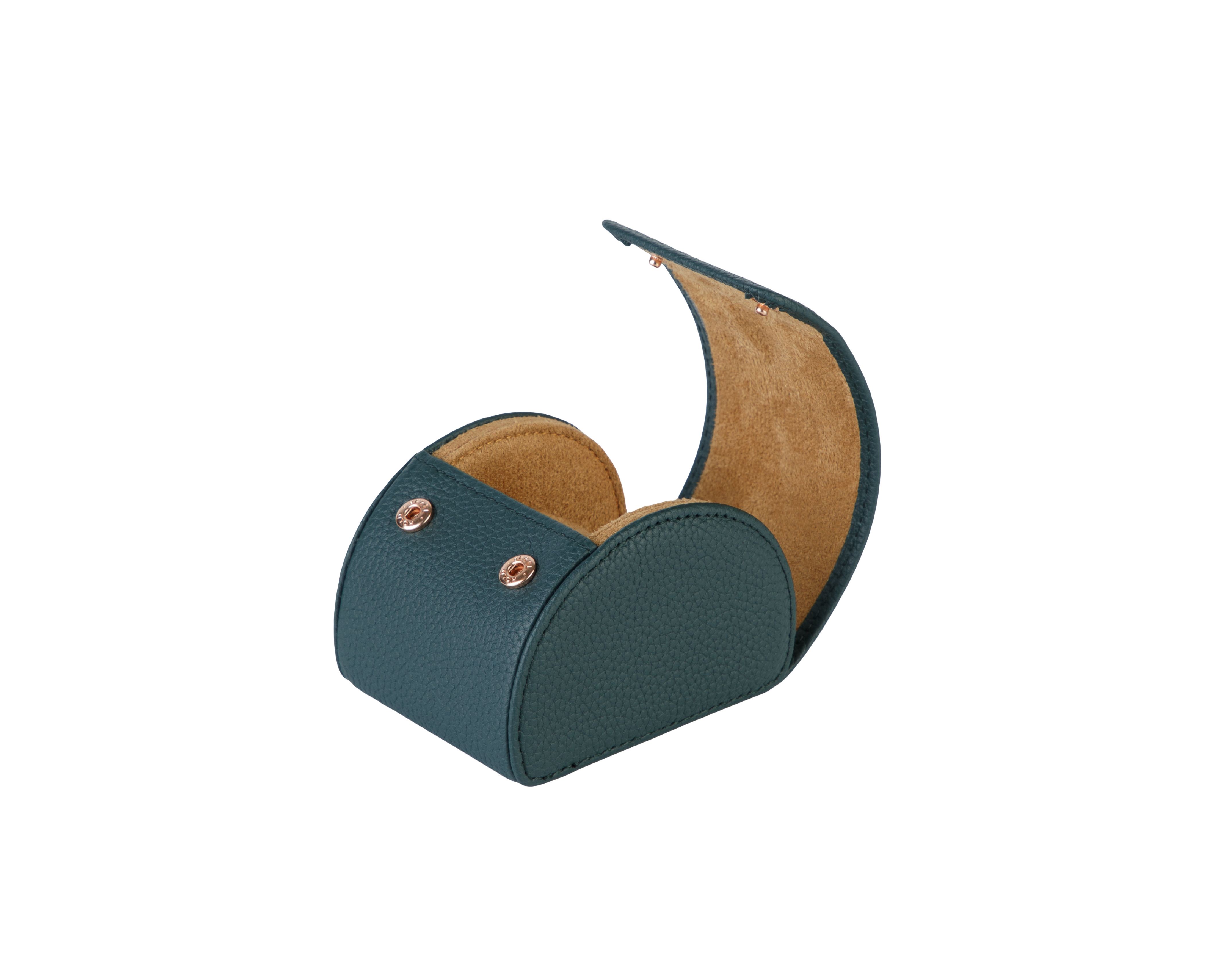 A luxury green and brown leather watch case for travel and storage.