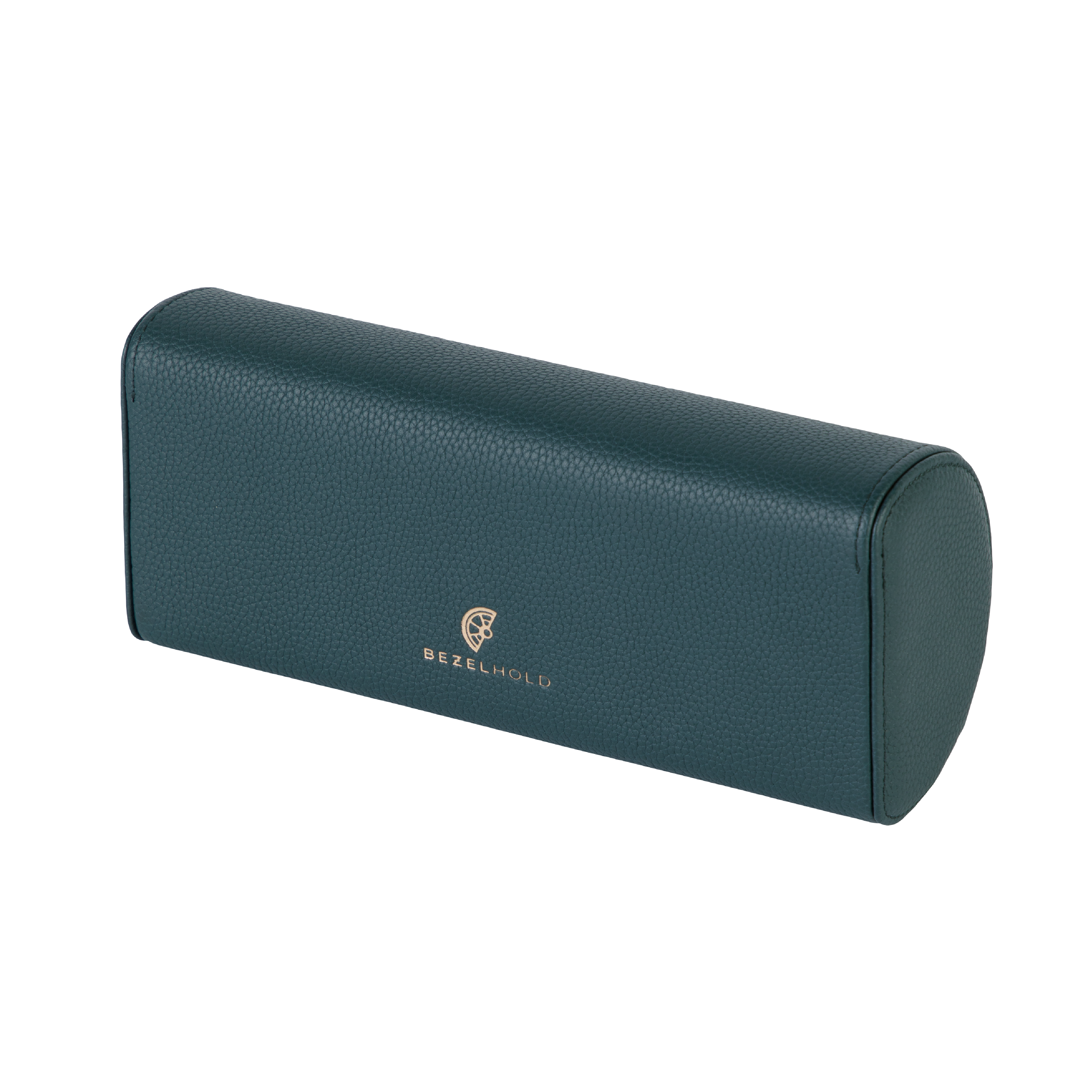 A luxury green and brown leather watch case for travel and storage.