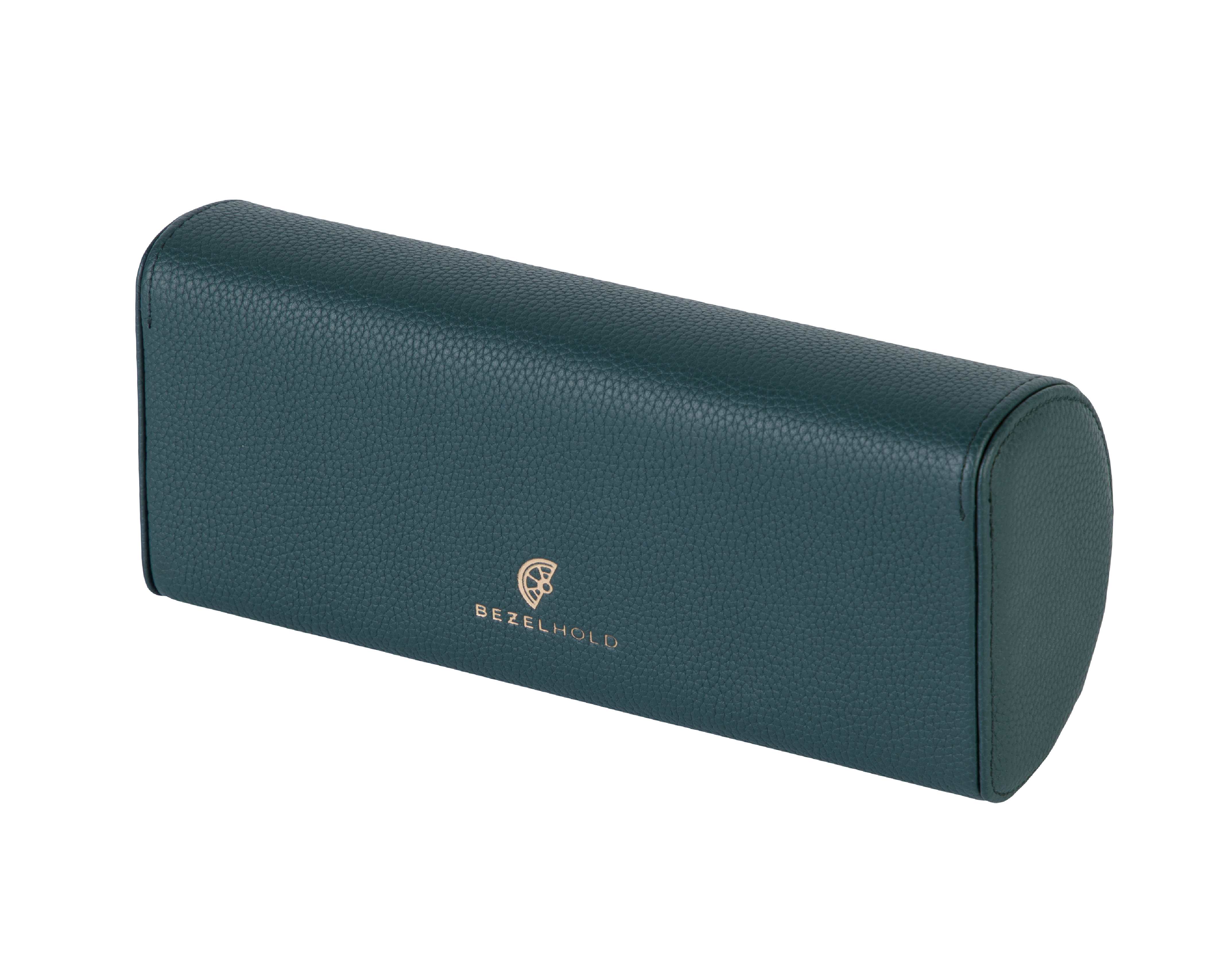 A luxury green and brown leather watch case for travel and storage.