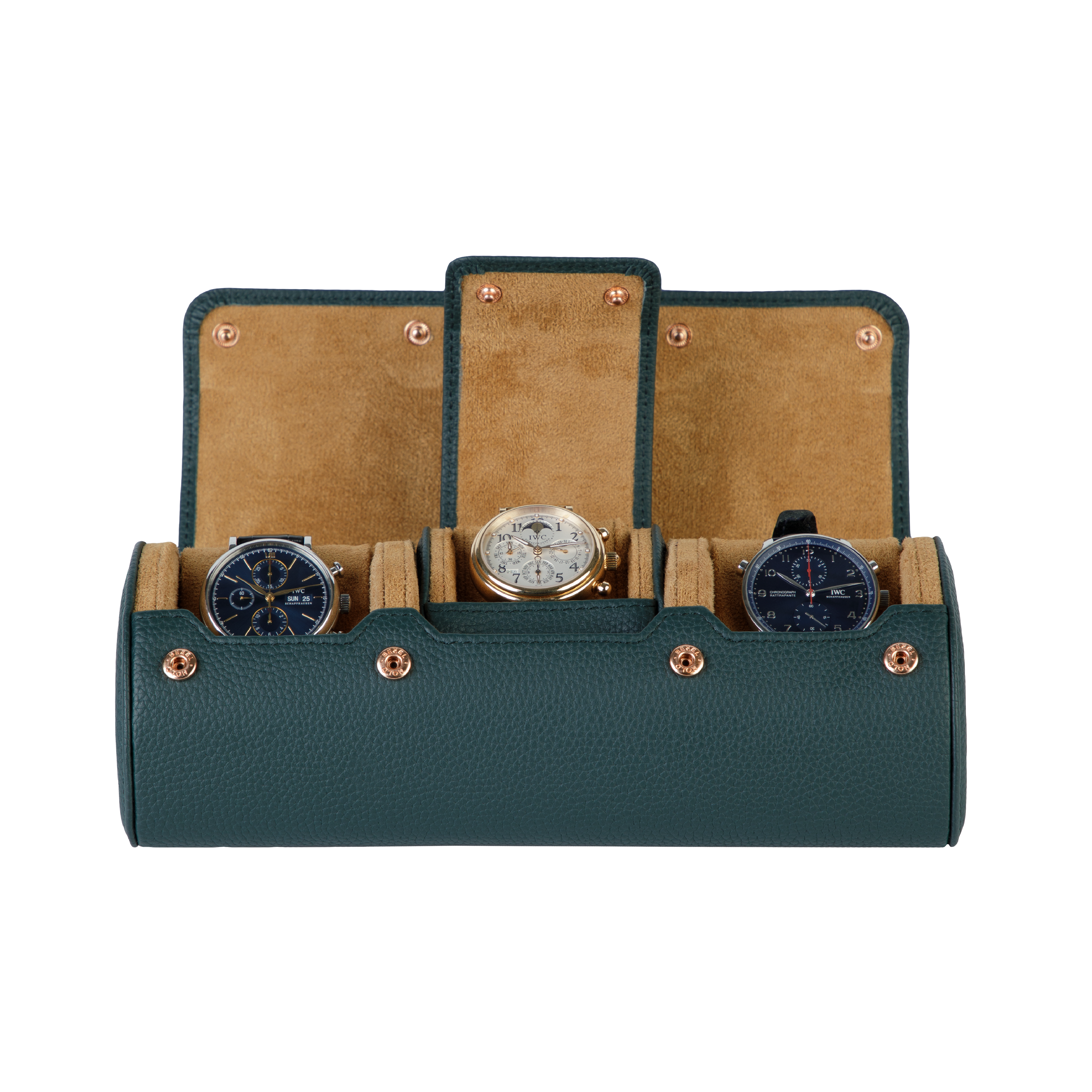 A luxury green and brown leather watch case for travel and storage.
