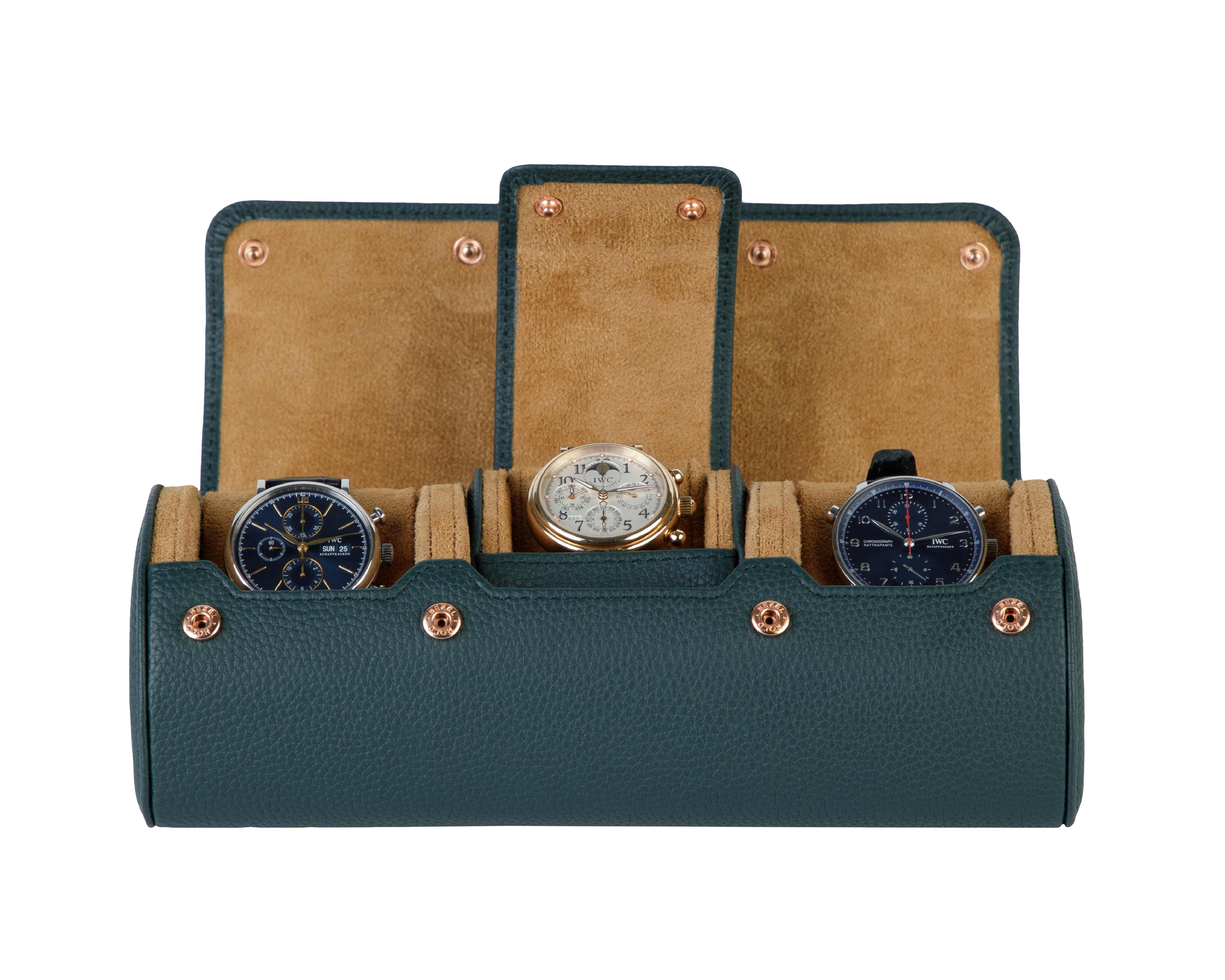A luxury green and brown leather watch case for travel and storage.