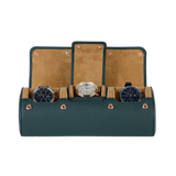 A luxury green and brown leather watch case for travel and storage.