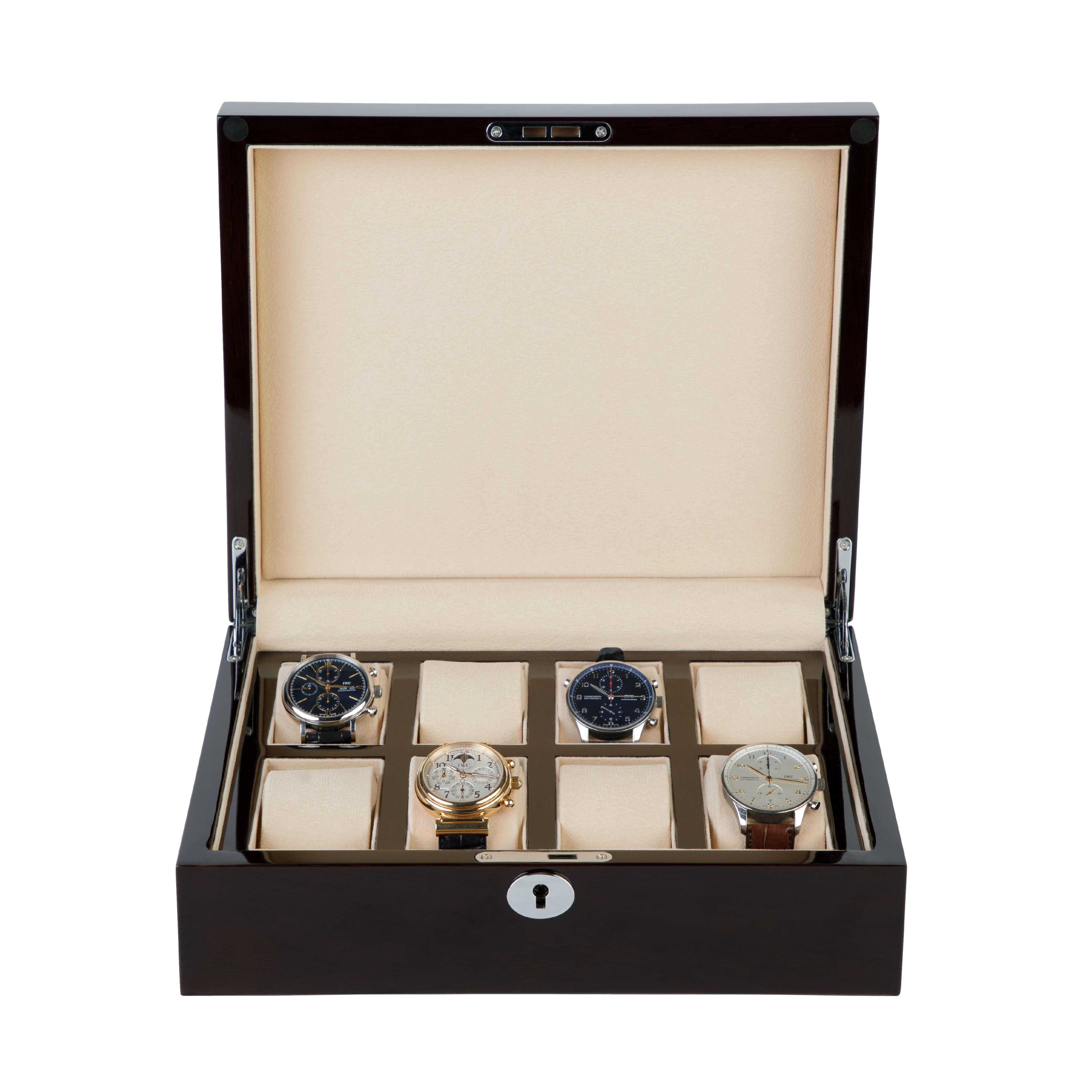 A solid wood watch box for watch collectors. Fits eight watches.