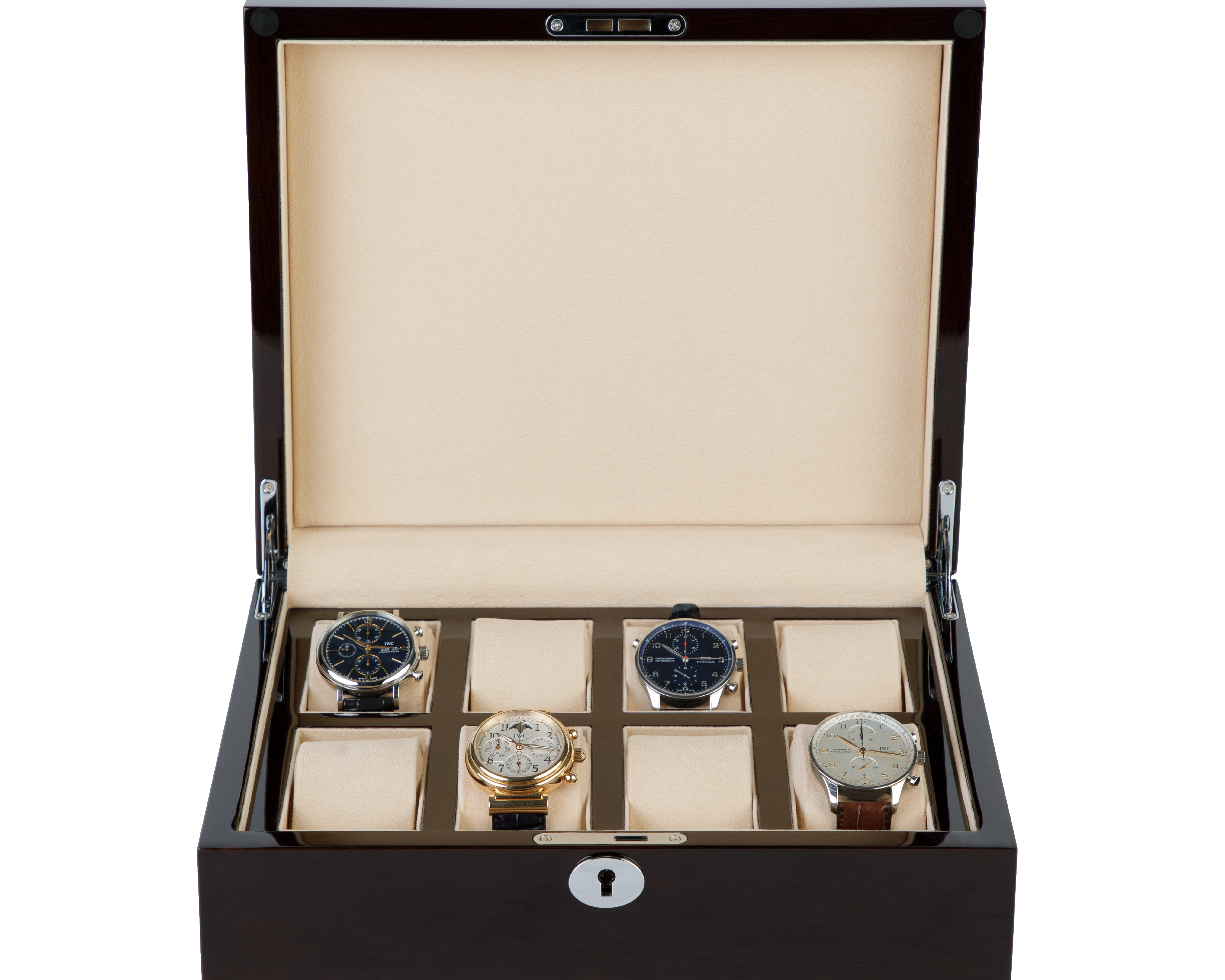 A solid wood watch box for watch collectors. Fits eight watches.