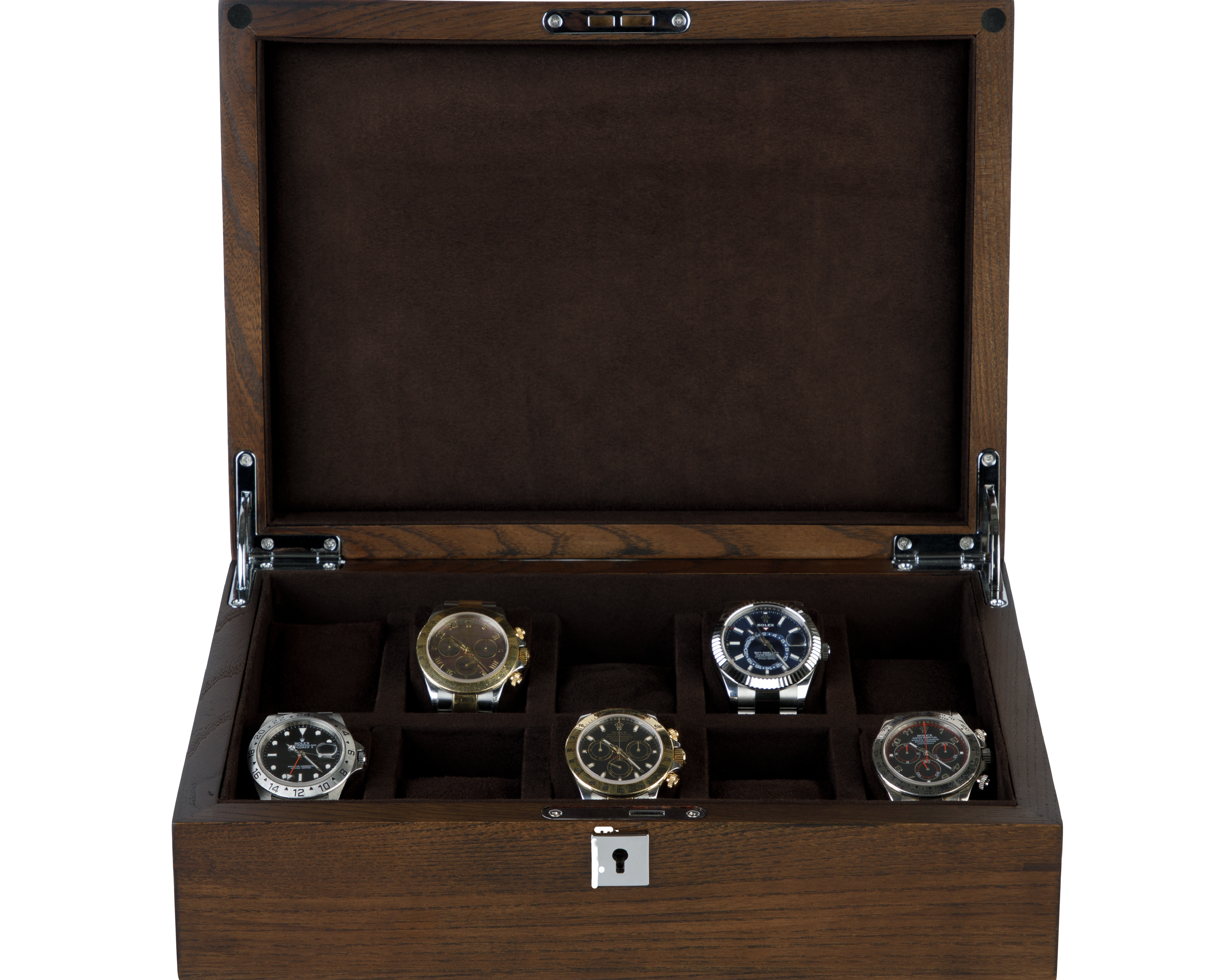 A luxury Black-Walnut Solid Wood Watch Box. Holds ten watches.