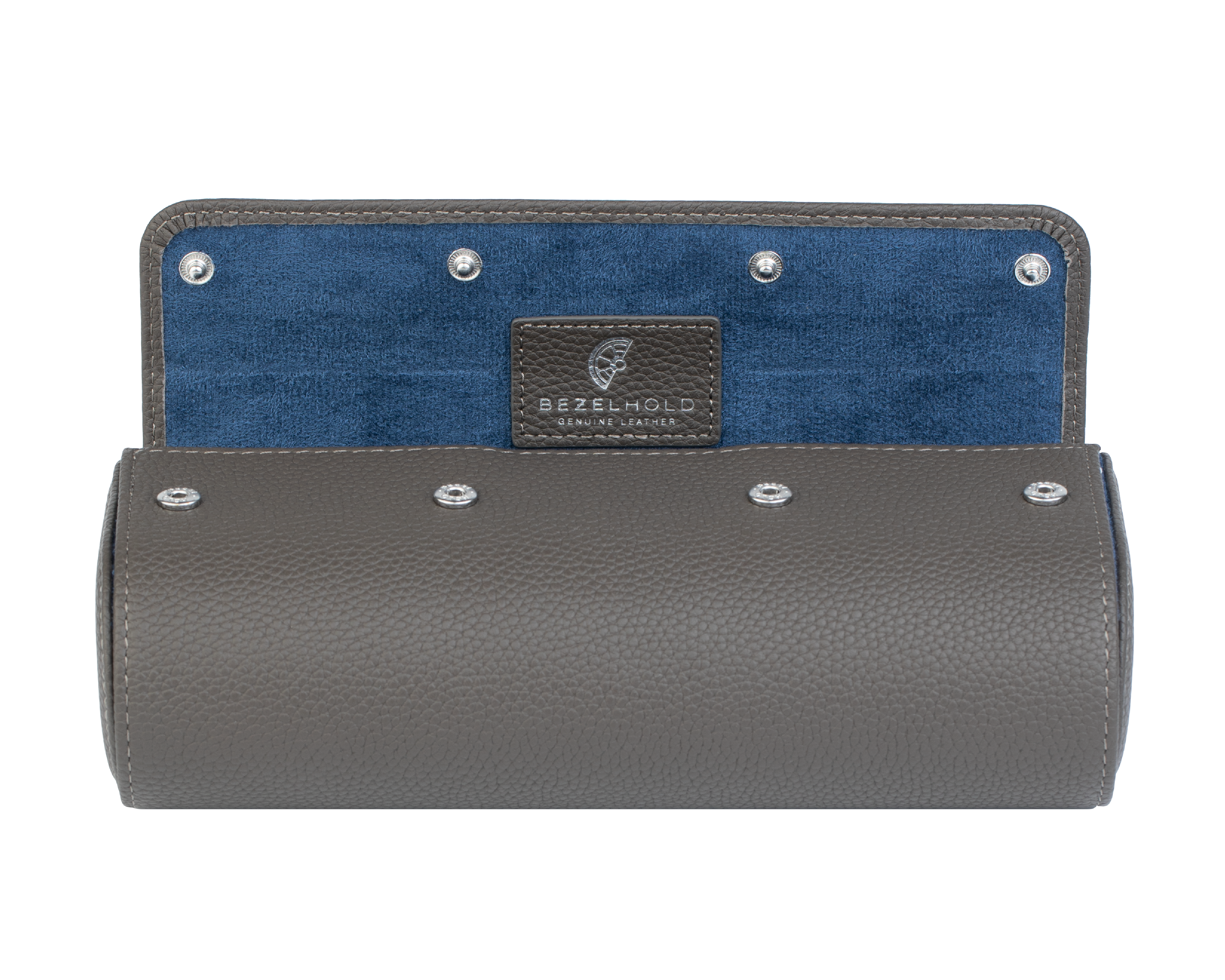 A luxury grey and blue leather watch case for travel and storage. Holds three watches.