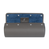 A luxury grey and blue leather watch case for travel and storage. Holds three watches.