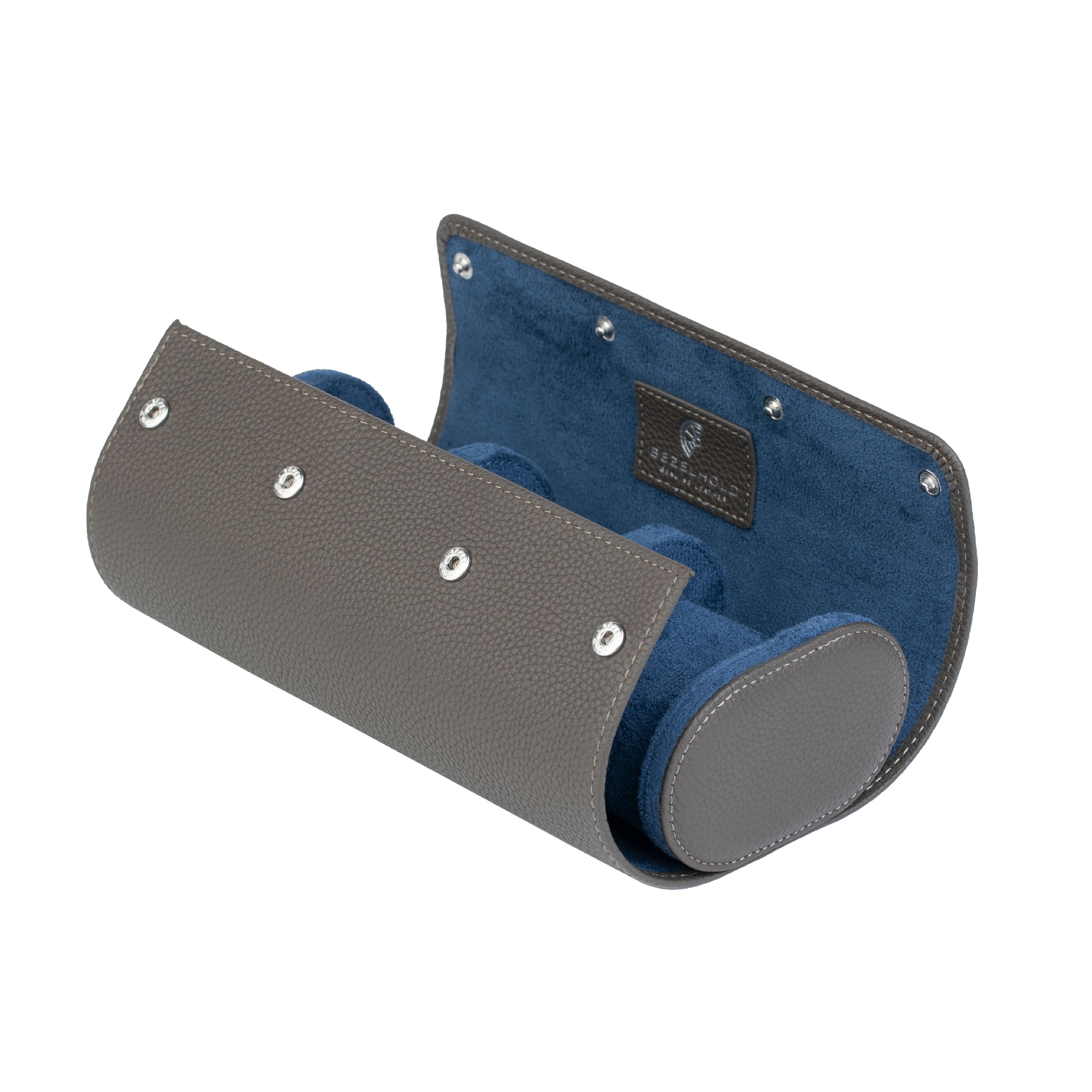 A luxury grey and blue leather watch case for travel and storage. Holds three watches.