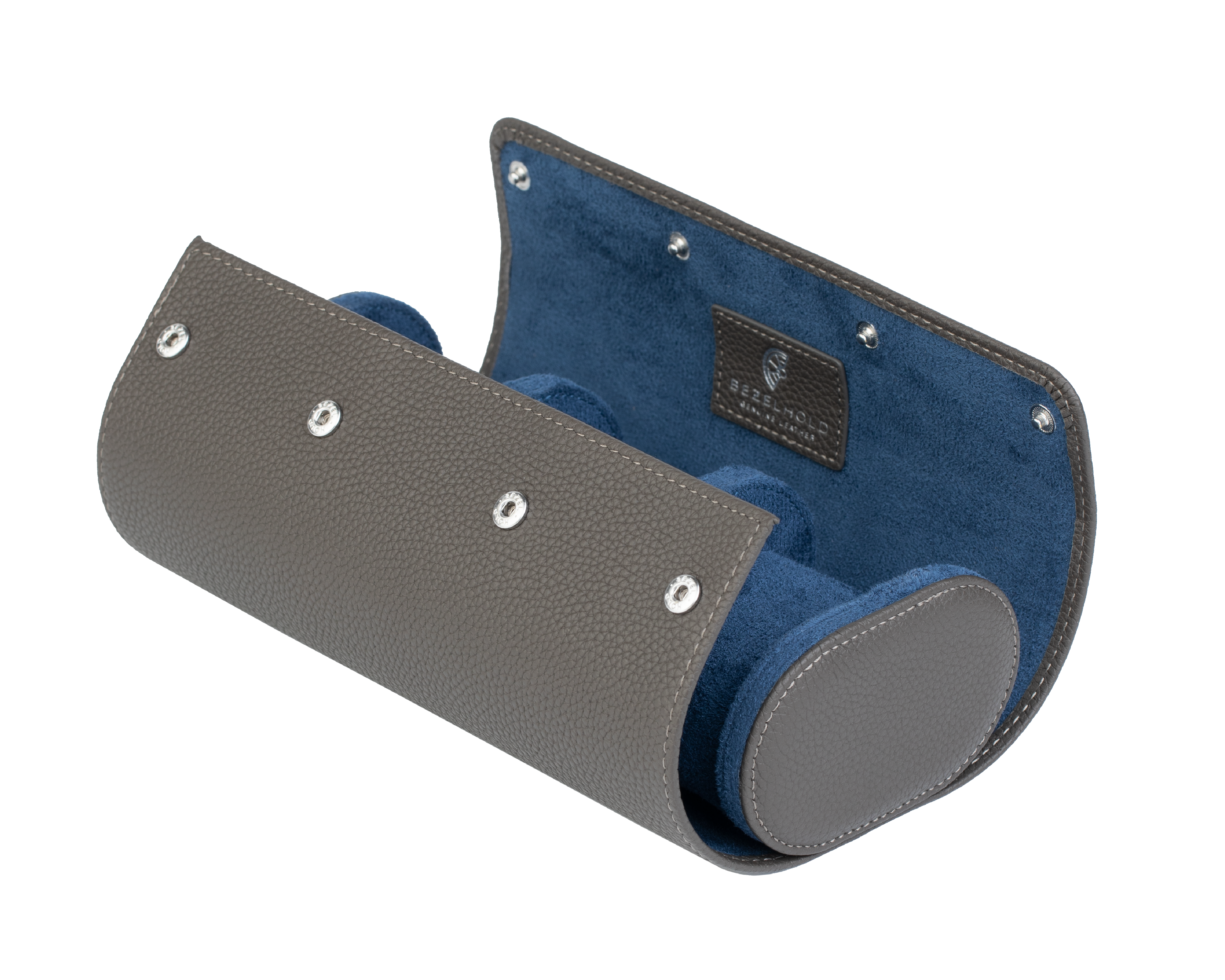 A luxury grey and blue leather watch case for travel and storage. Holds three watches.