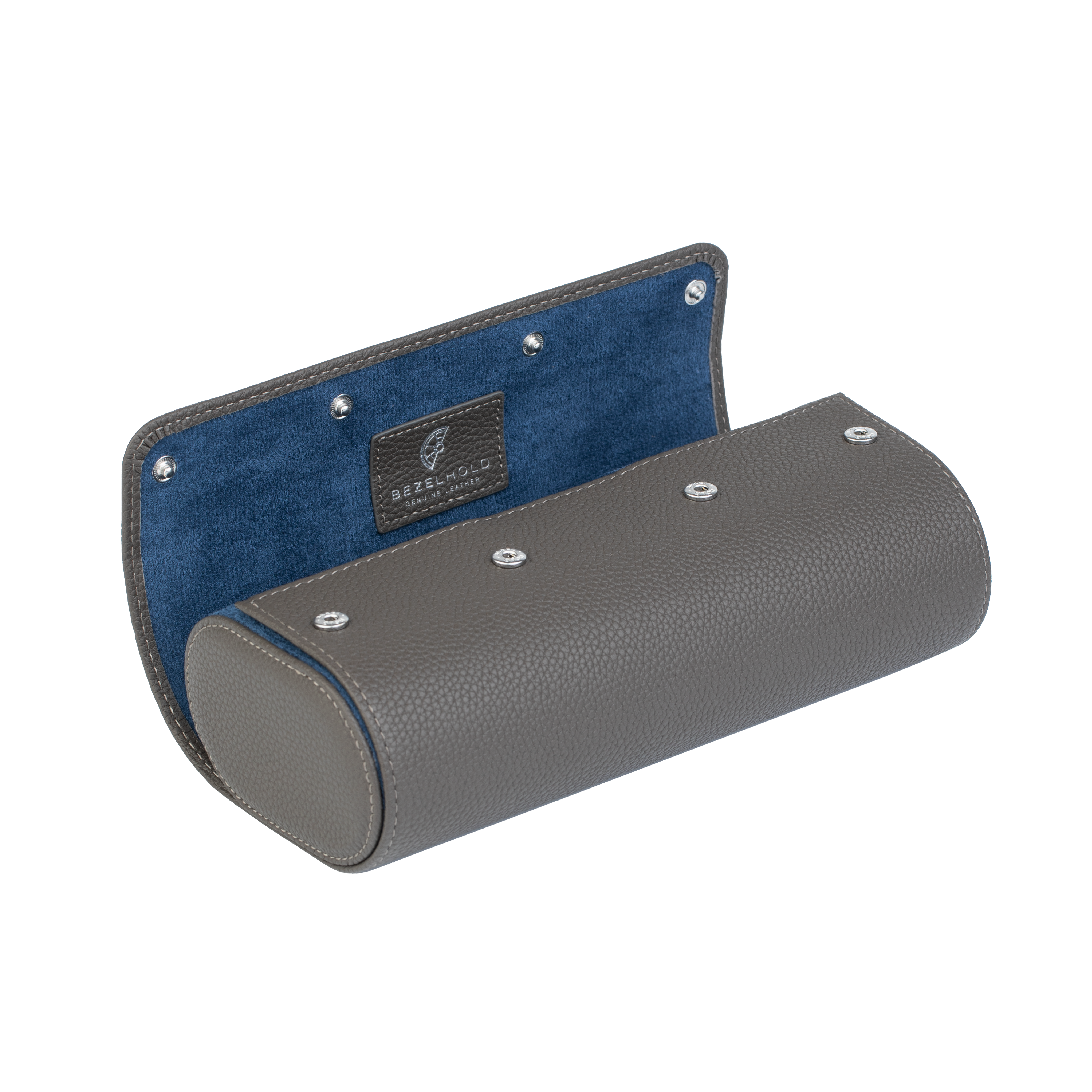 A luxury grey and blue leather watch case for travel and storage. Holds three watches.