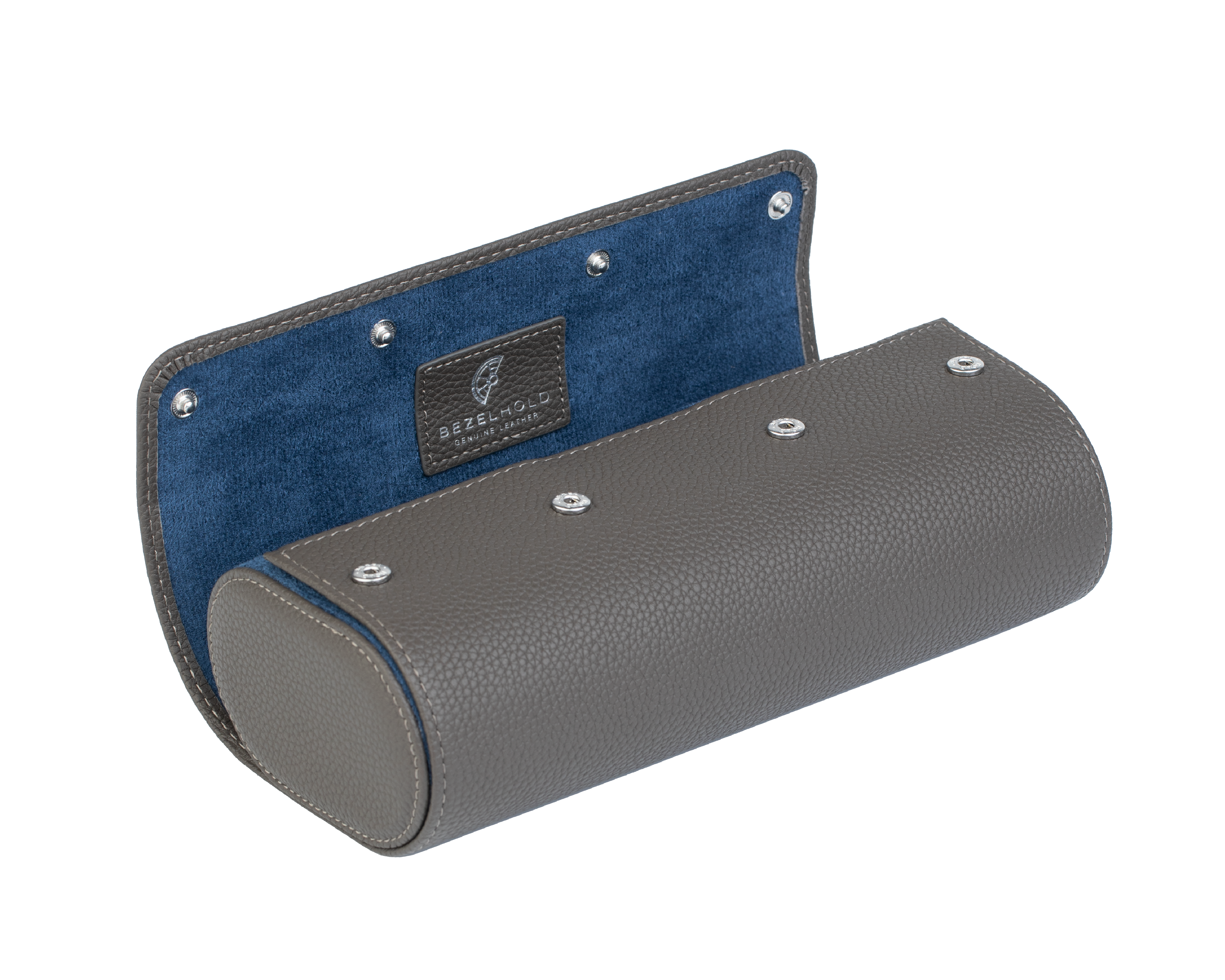 A luxury grey and blue leather watch case for travel and storage. Holds three watches.