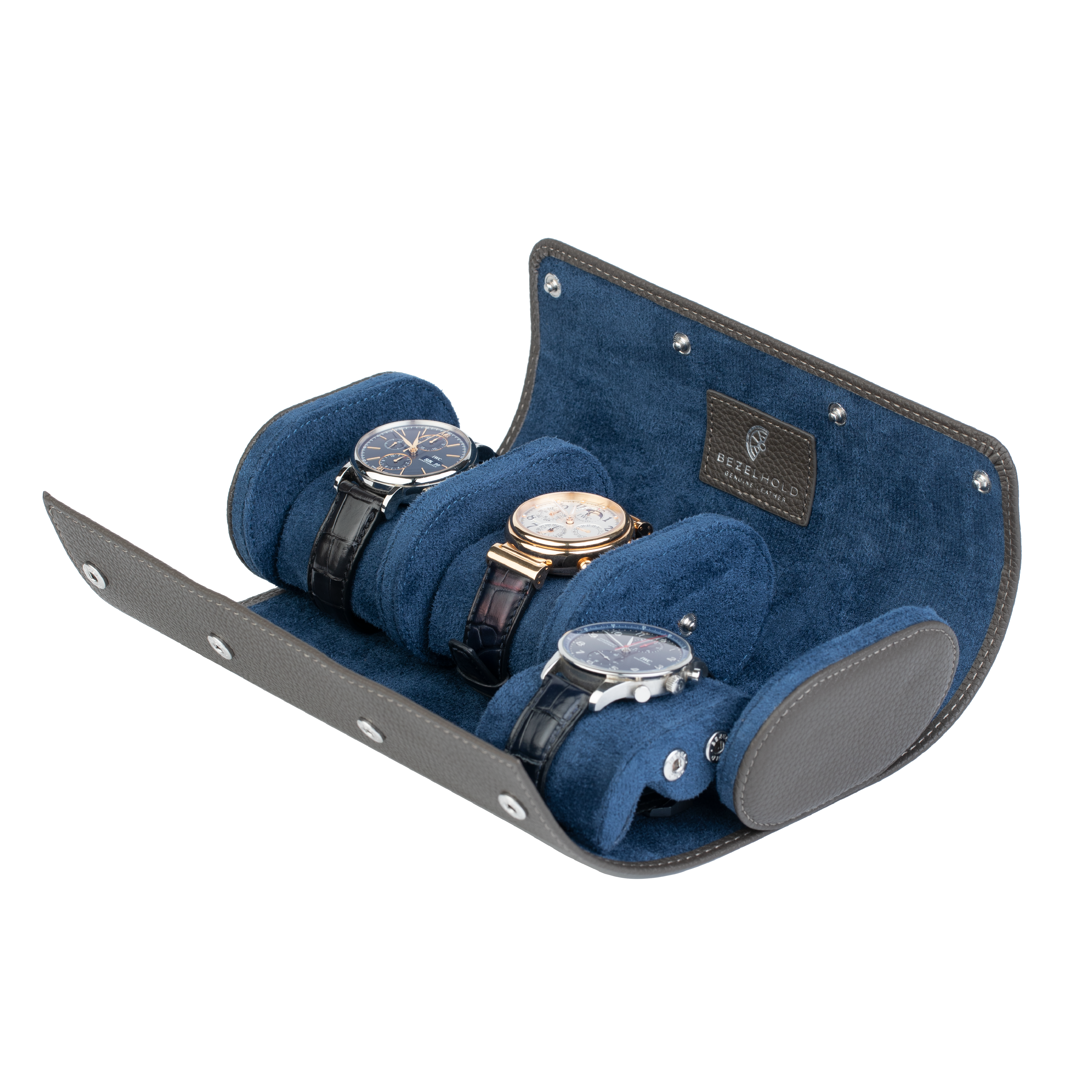 A luxury grey and blue leather watch case for travel and storage. Holds three watches.