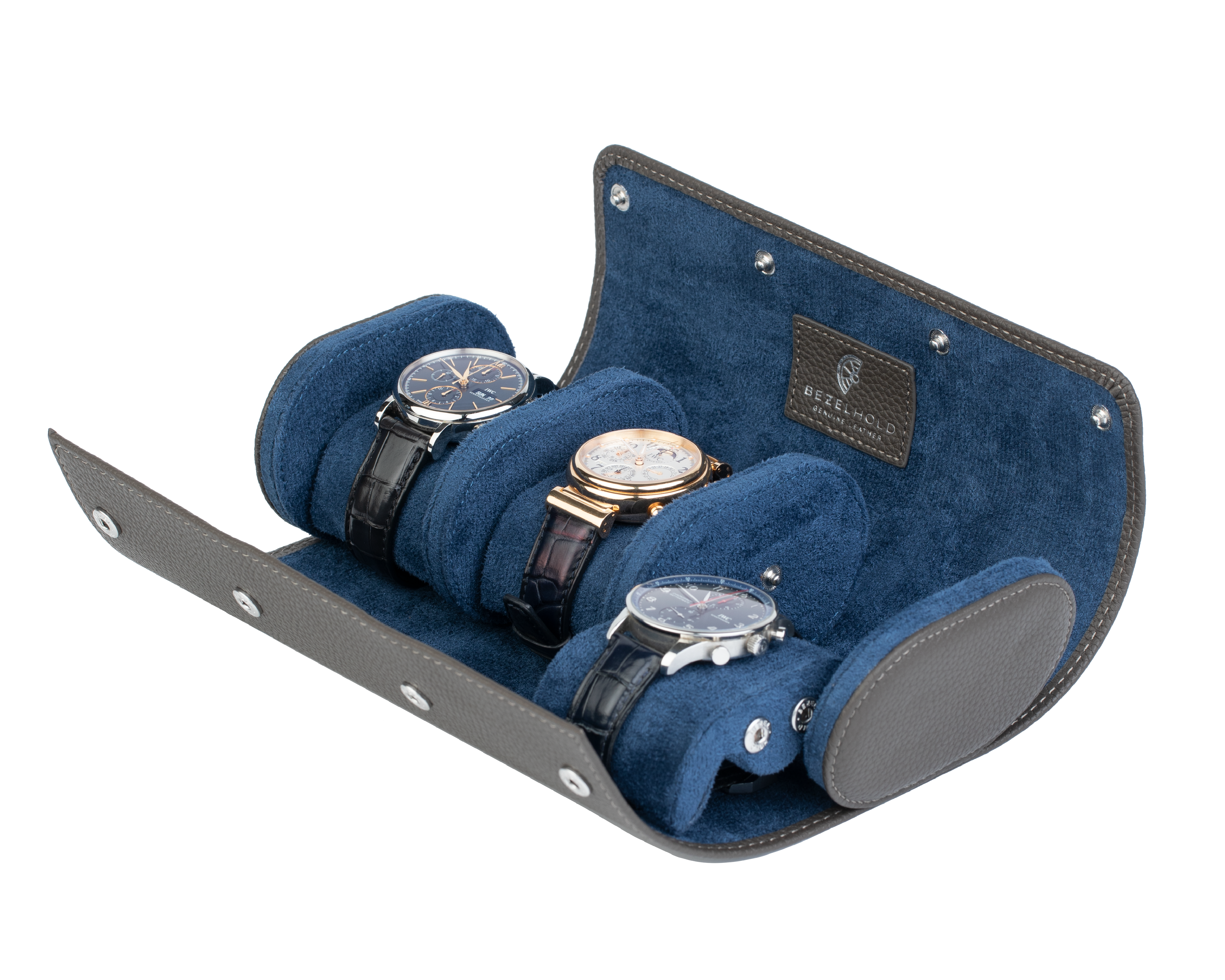 A luxury grey and blue leather watch case for travel and storage. Holds three watches.