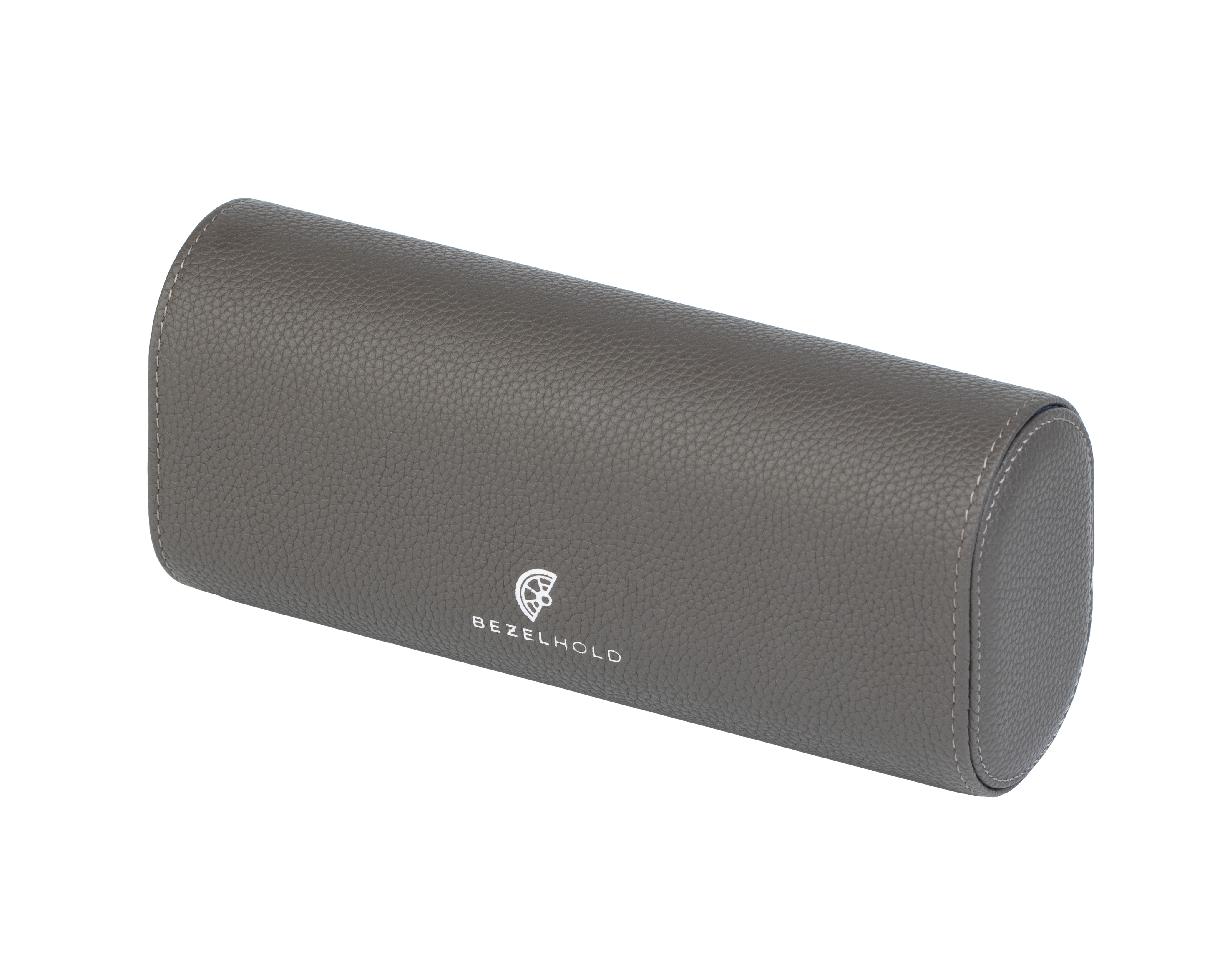 A luxury grey and blue leather watch case for travel and storage. Holds three watches.