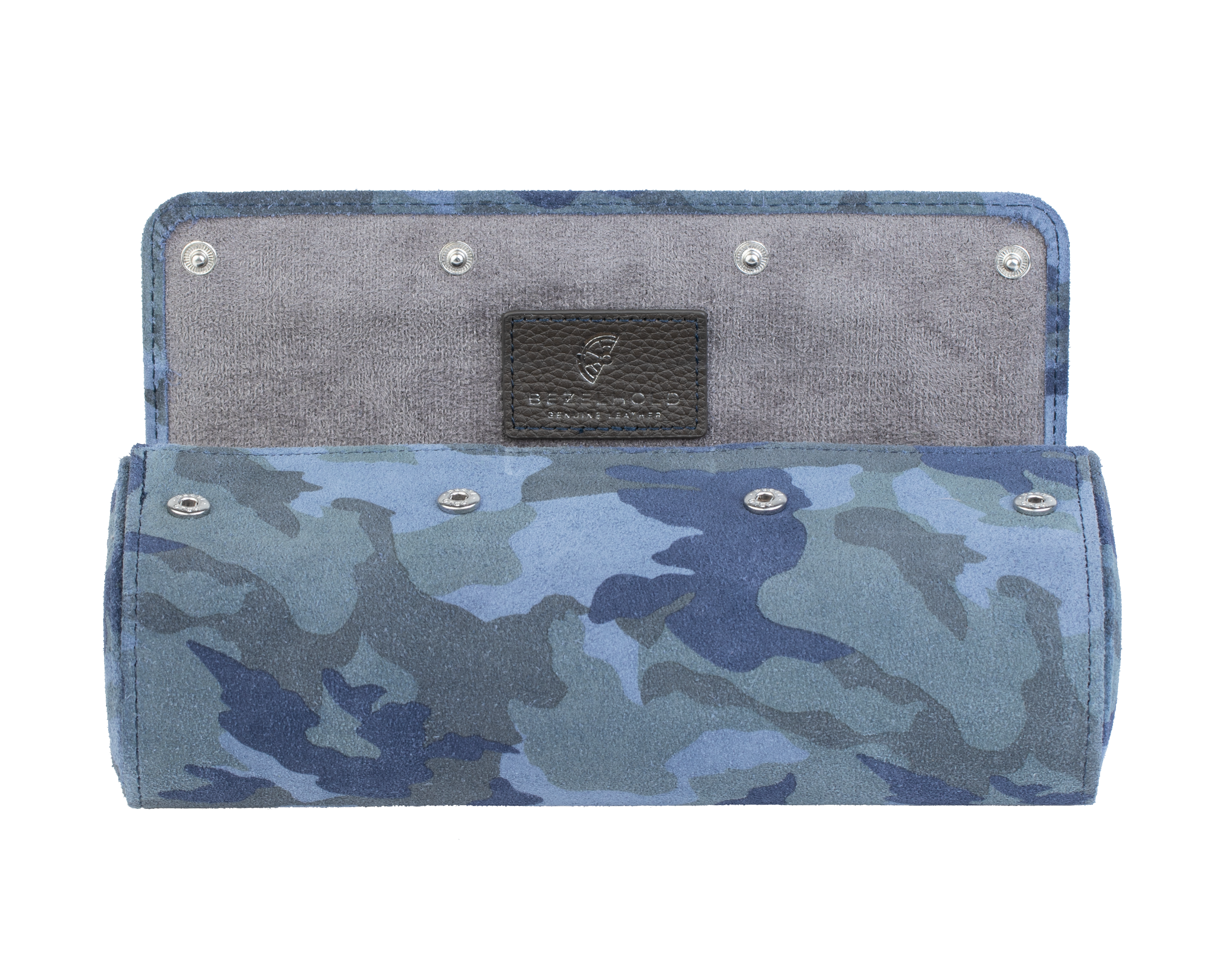 A luxury camouflage blue suede watch roll for travel and storage. Holds three watches.