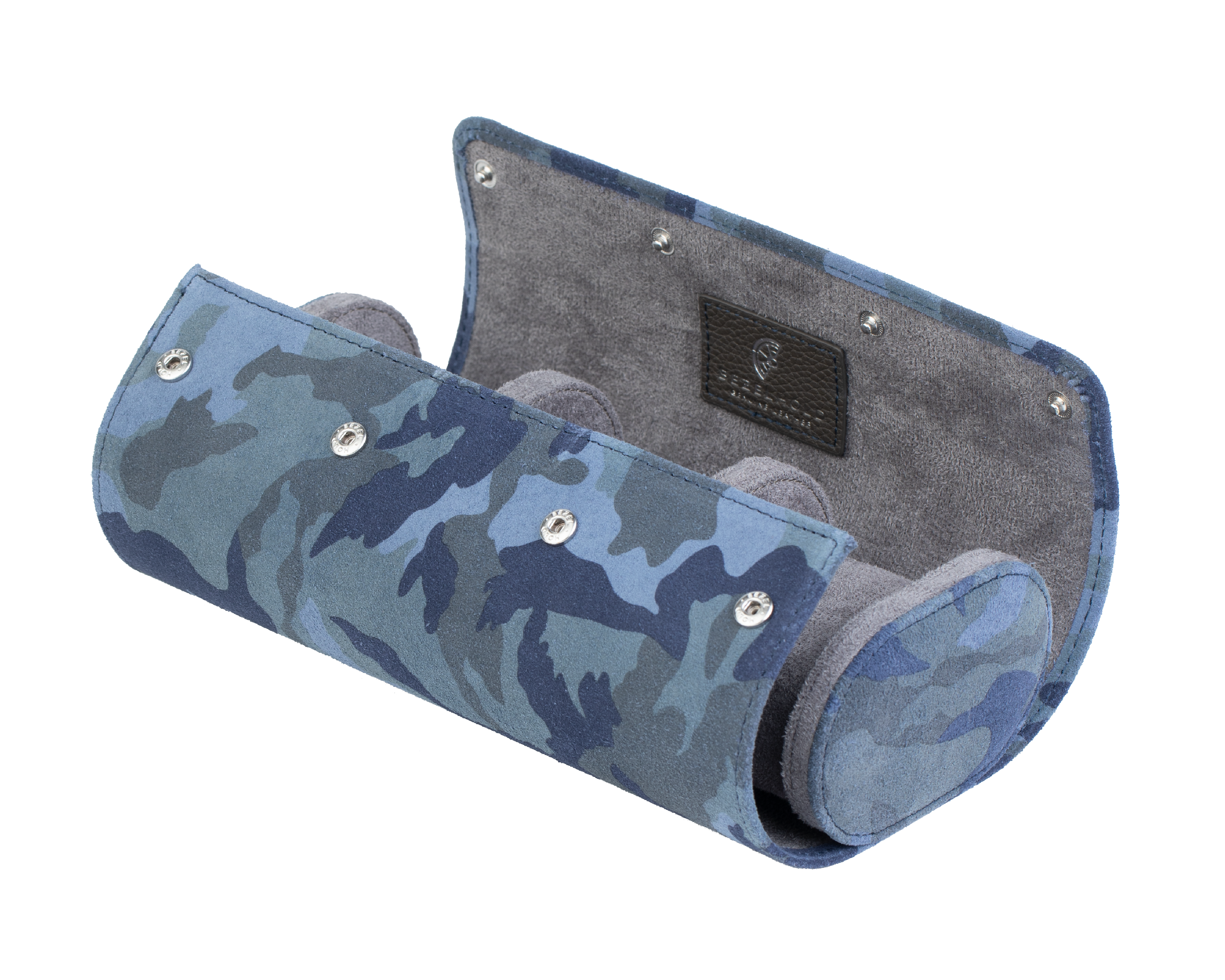 A luxury camouflage blue suede watch roll for travel and storage. Holds three watches.