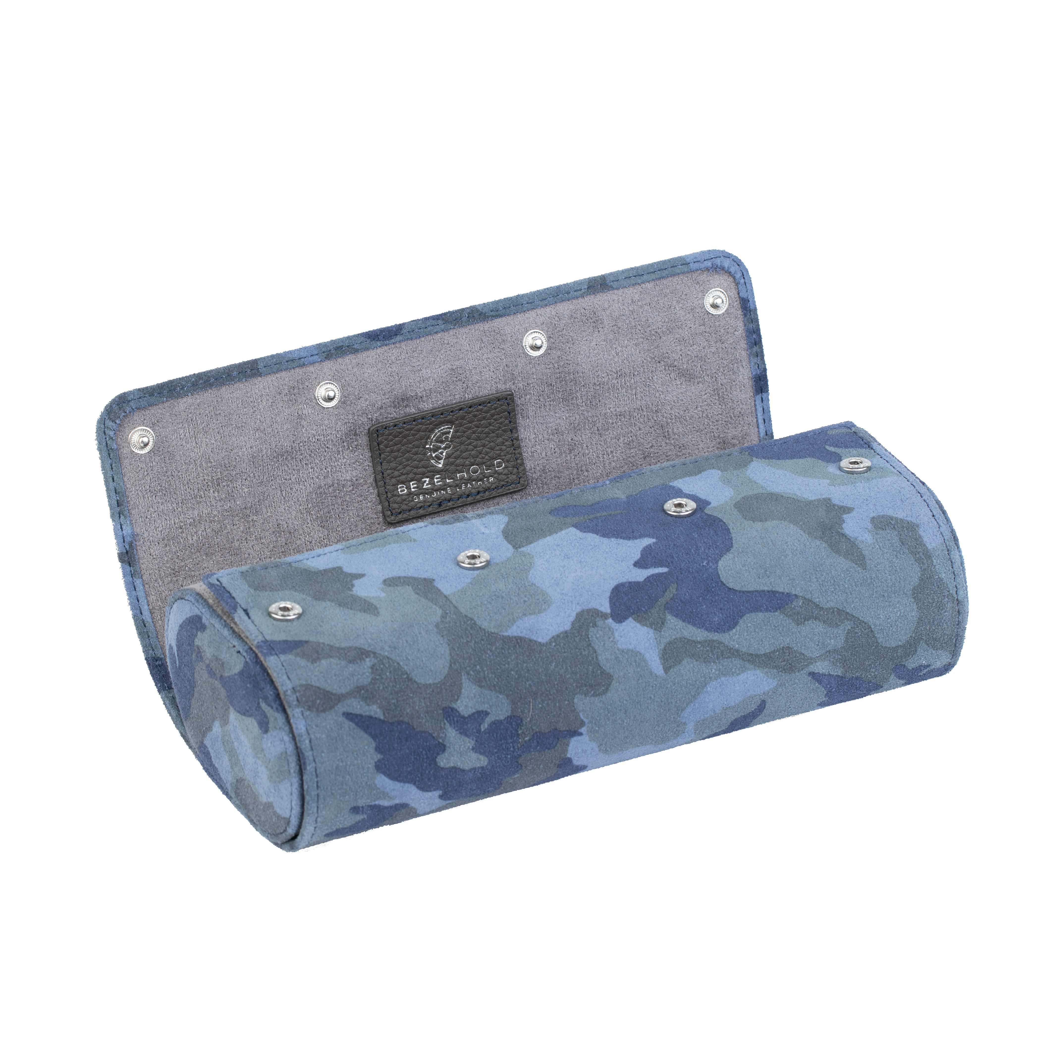 A luxury camouflage blue suede watch roll for travel and storage. Holds three watches.