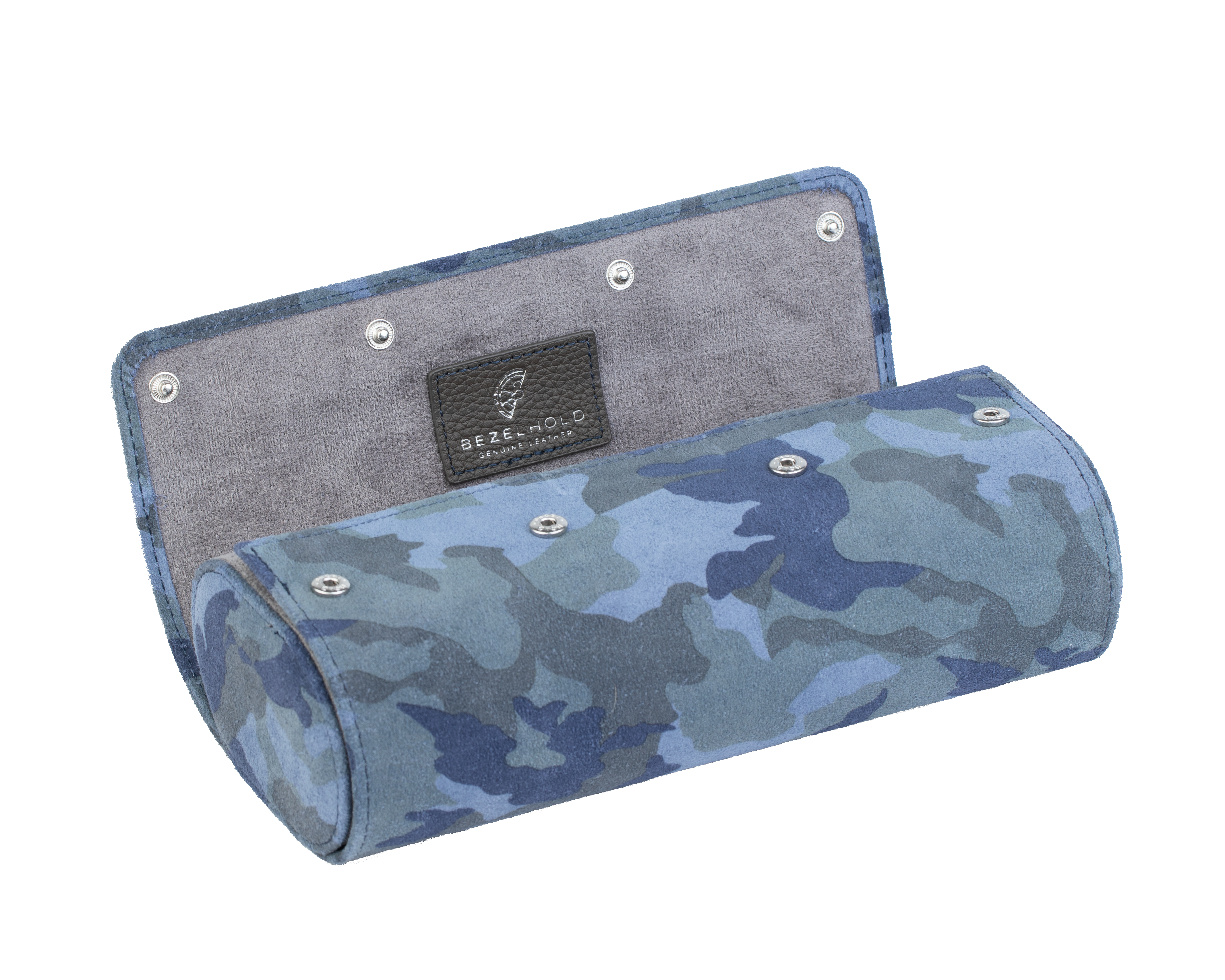 A luxury camouflage blue suede watch roll for travel and storage. Holds three watches.