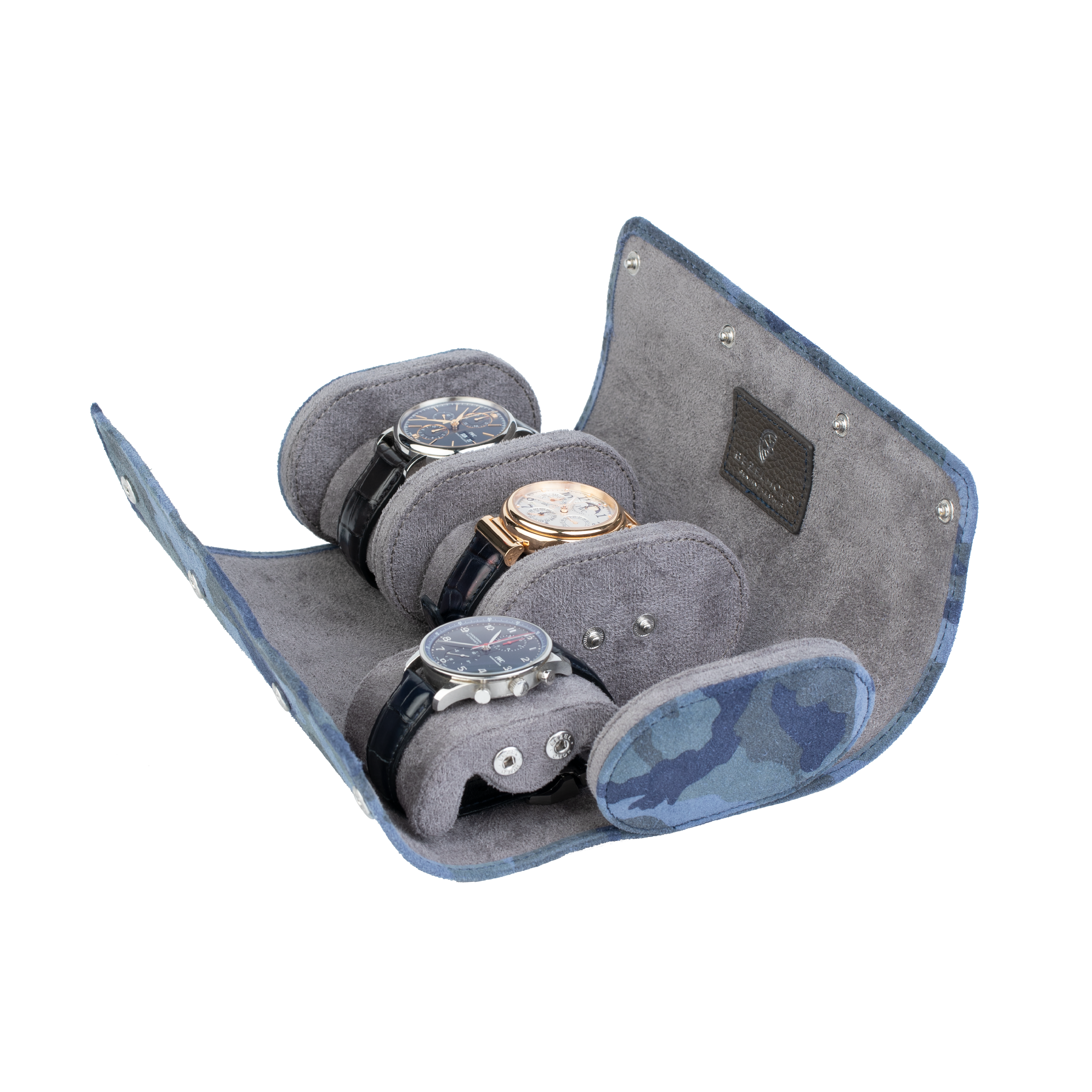 A luxury camouflage blue suede watch roll for travel and storage. Holds three watches.