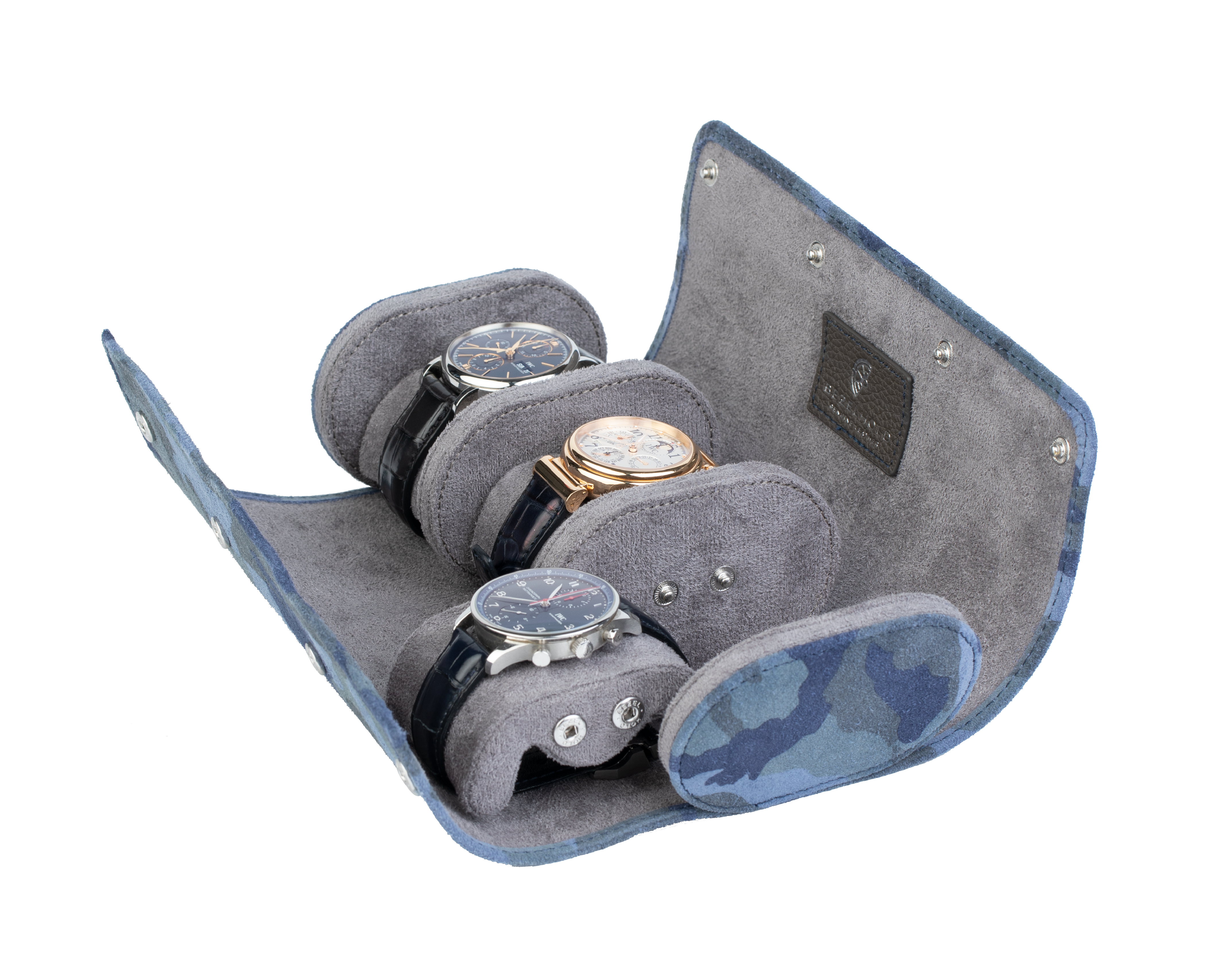 A luxury camouflage blue suede watch roll for travel and storage. Holds three watches.