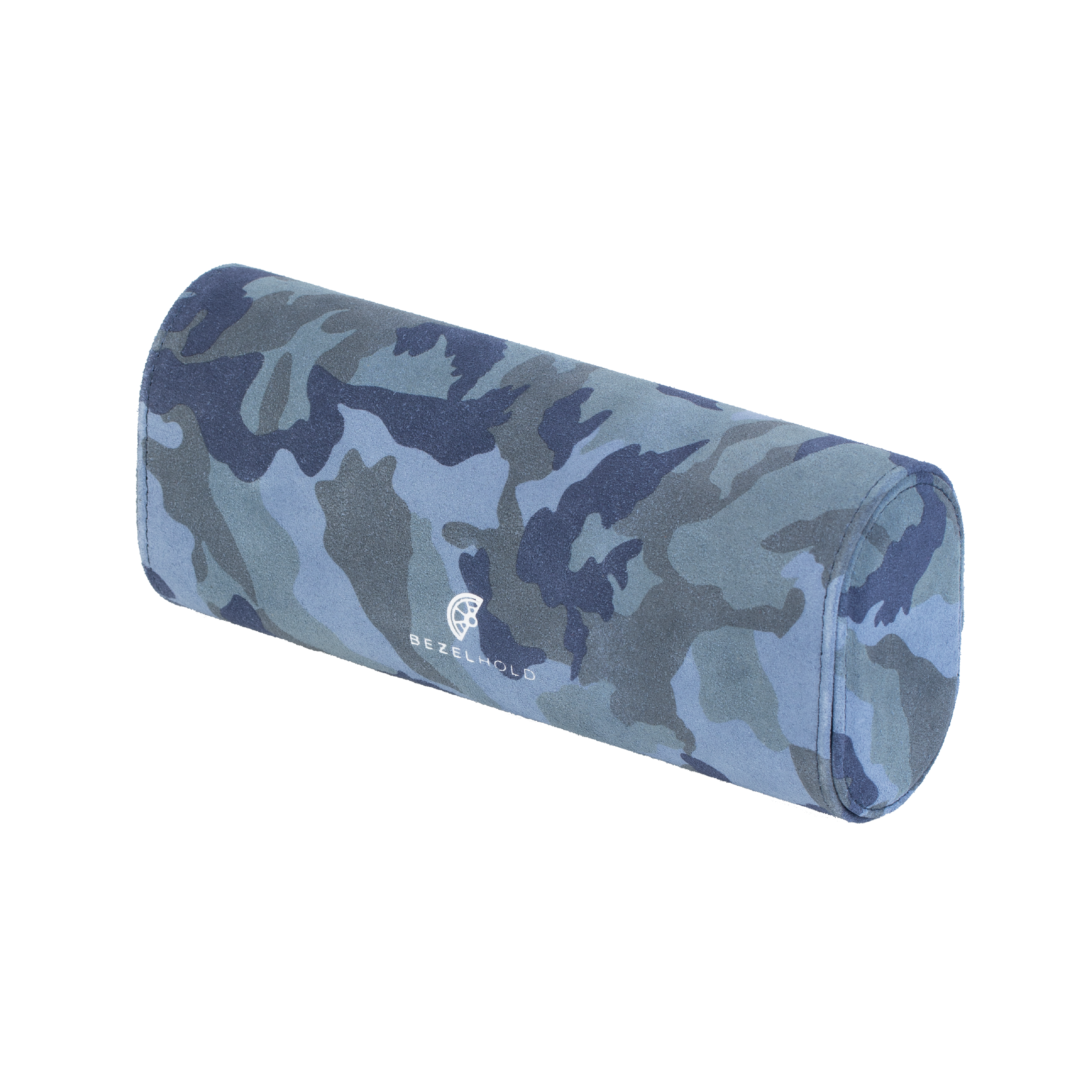A luxury camouflage blue suede watch roll for travel and storage. Holds three watches.